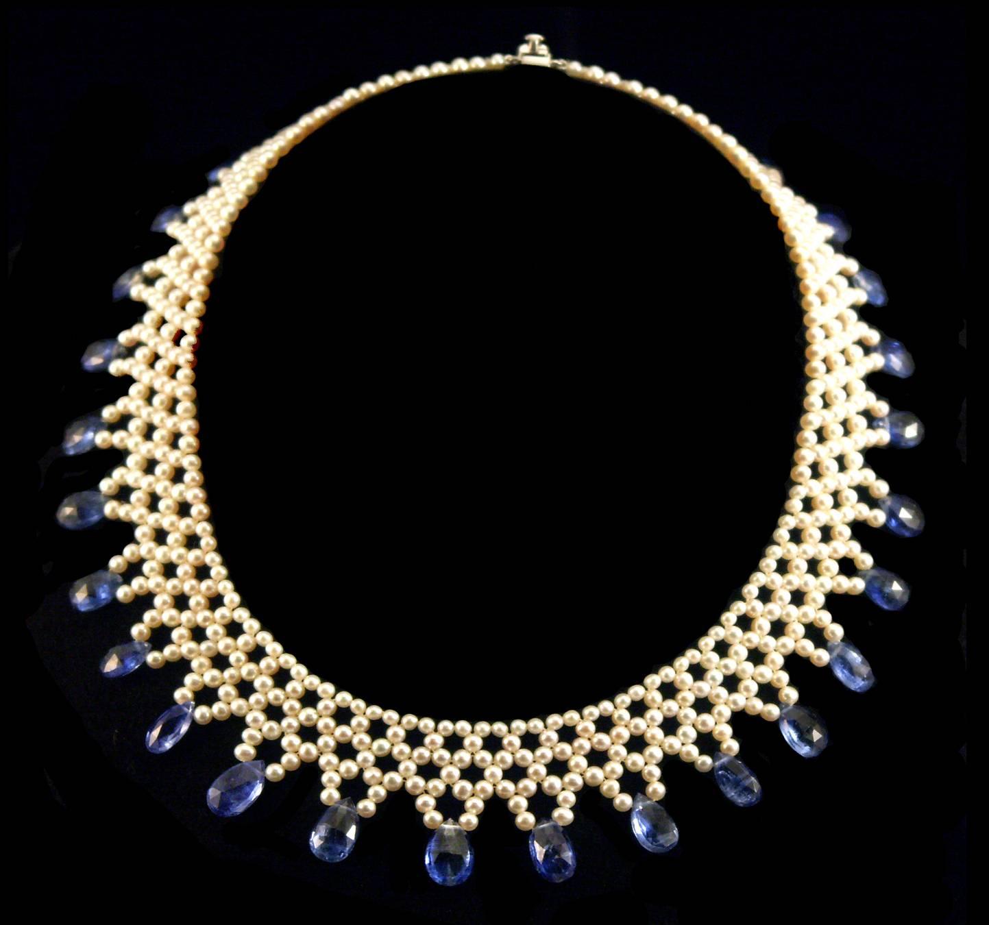 Contemporary Marina J. Woven Pearl Necklace with Kyanite Briolets and 14 Karat Gold Clasp For Sale