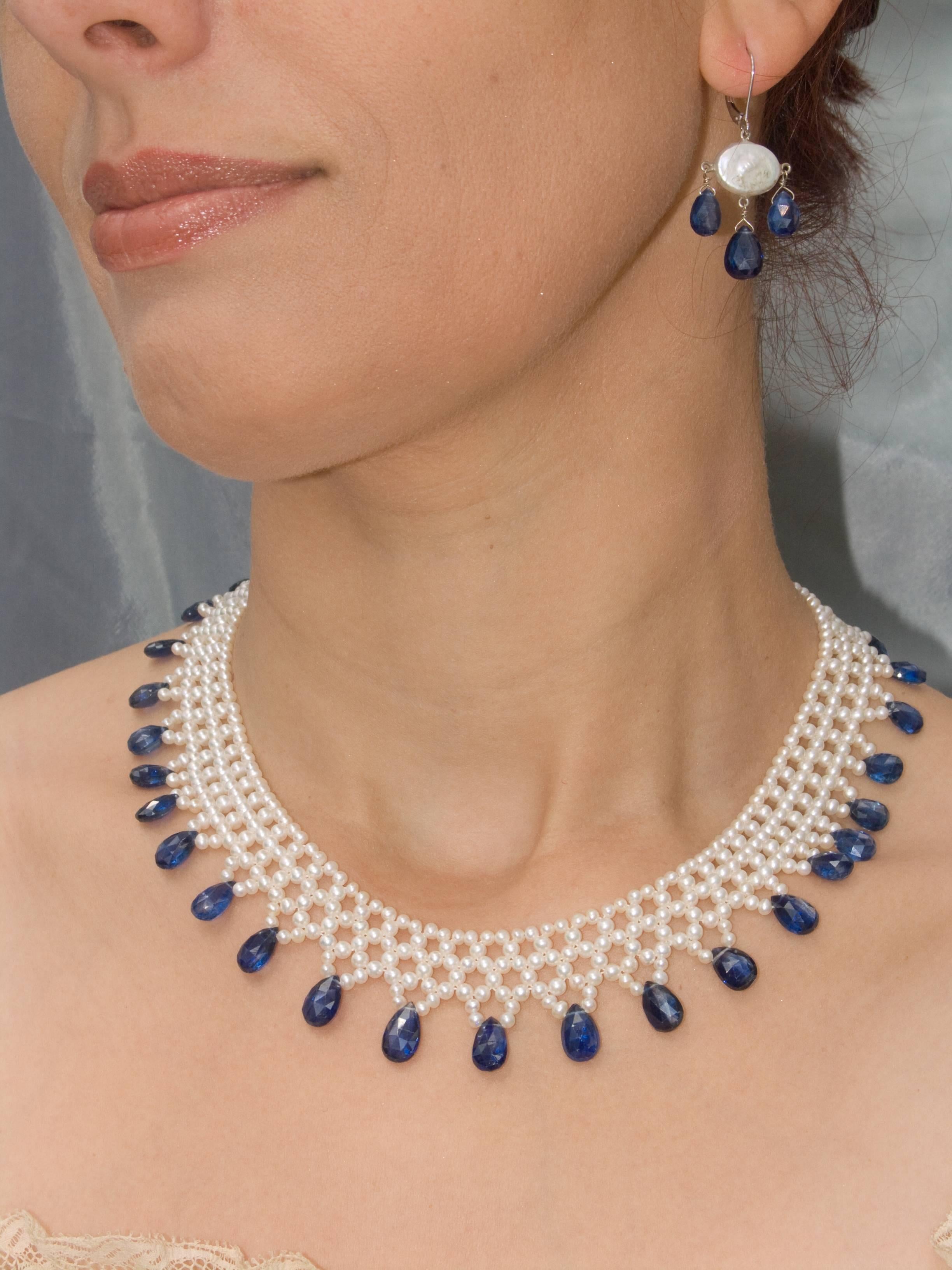 Bead Marina J. Woven Pearl Necklace with Kyanite Briolets and 14 Karat Gold Clasp For Sale