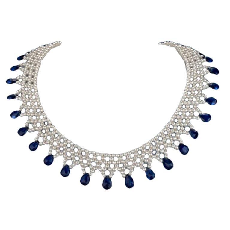 Marina J. Woven Pearl Necklace with Kyanite Briolets and 14 Karat Gold Clasp For Sale