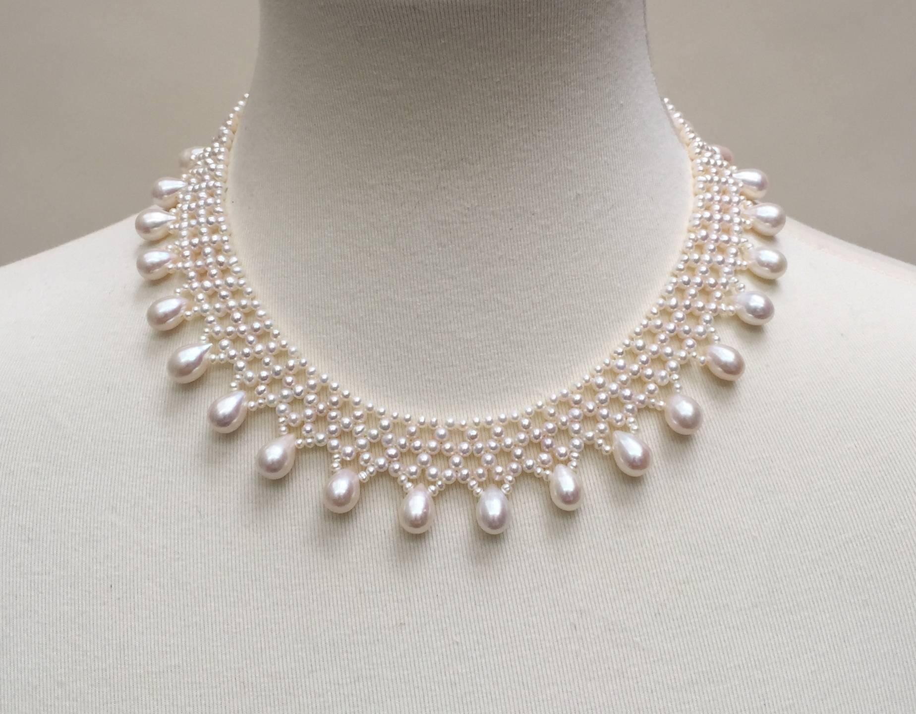 Artist   Marina J  Woven Pearl Necklace with Pear-Shaped Pearl Drops and sliding clasp For Sale