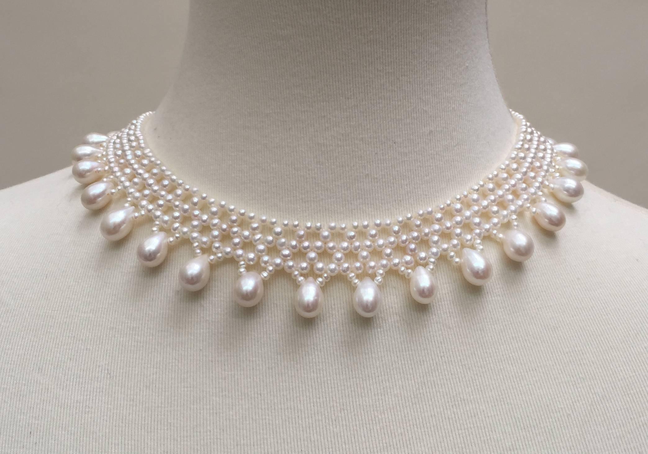   Marina J  Woven Pearl Necklace with Pear-Shaped Pearl Drops and sliding clasp In New Condition For Sale In Los Angeles, CA