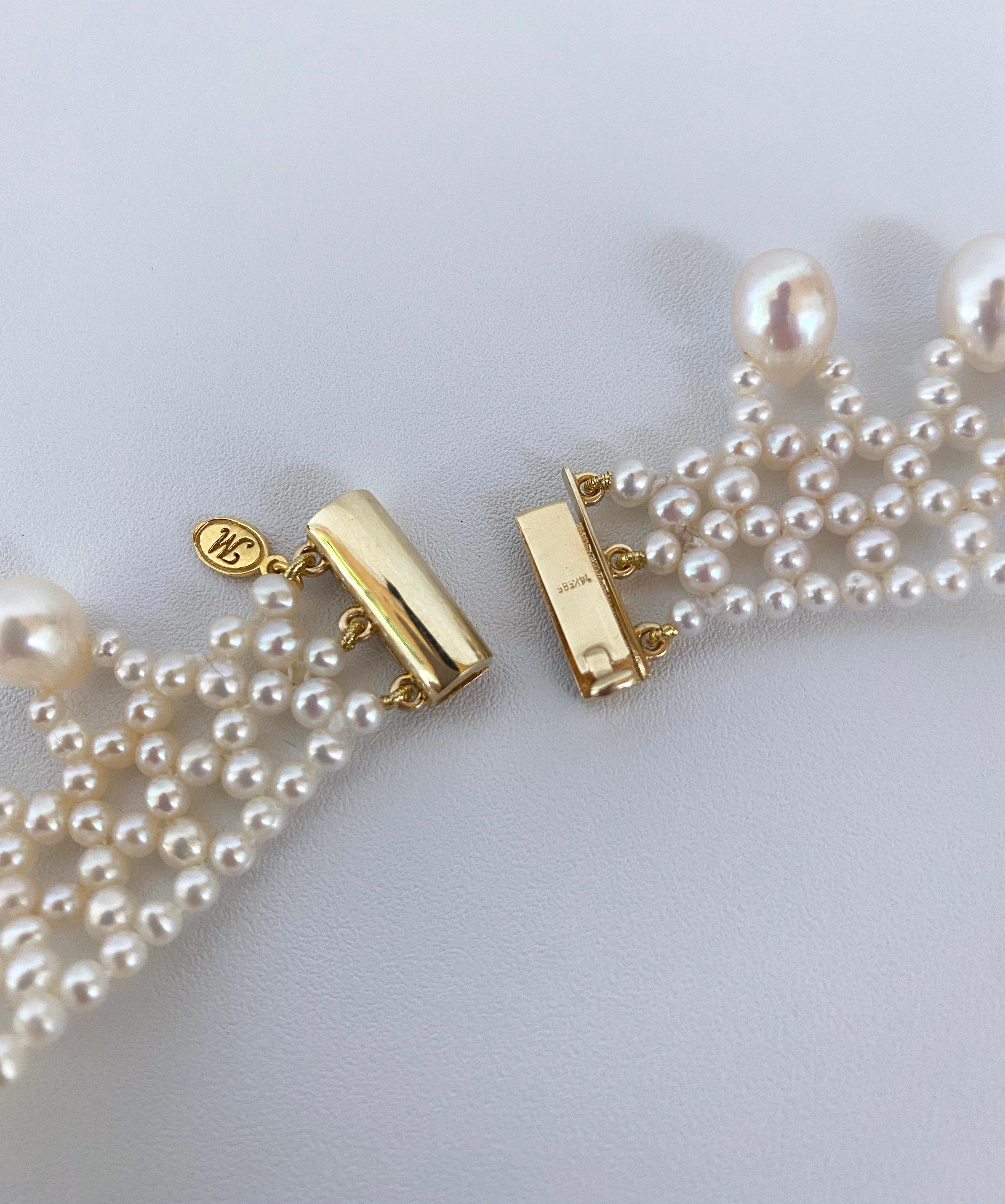 Bead Marina J .Woven Pearl Necklace with Pearl Drops at 14k Yellow Gold For Sale