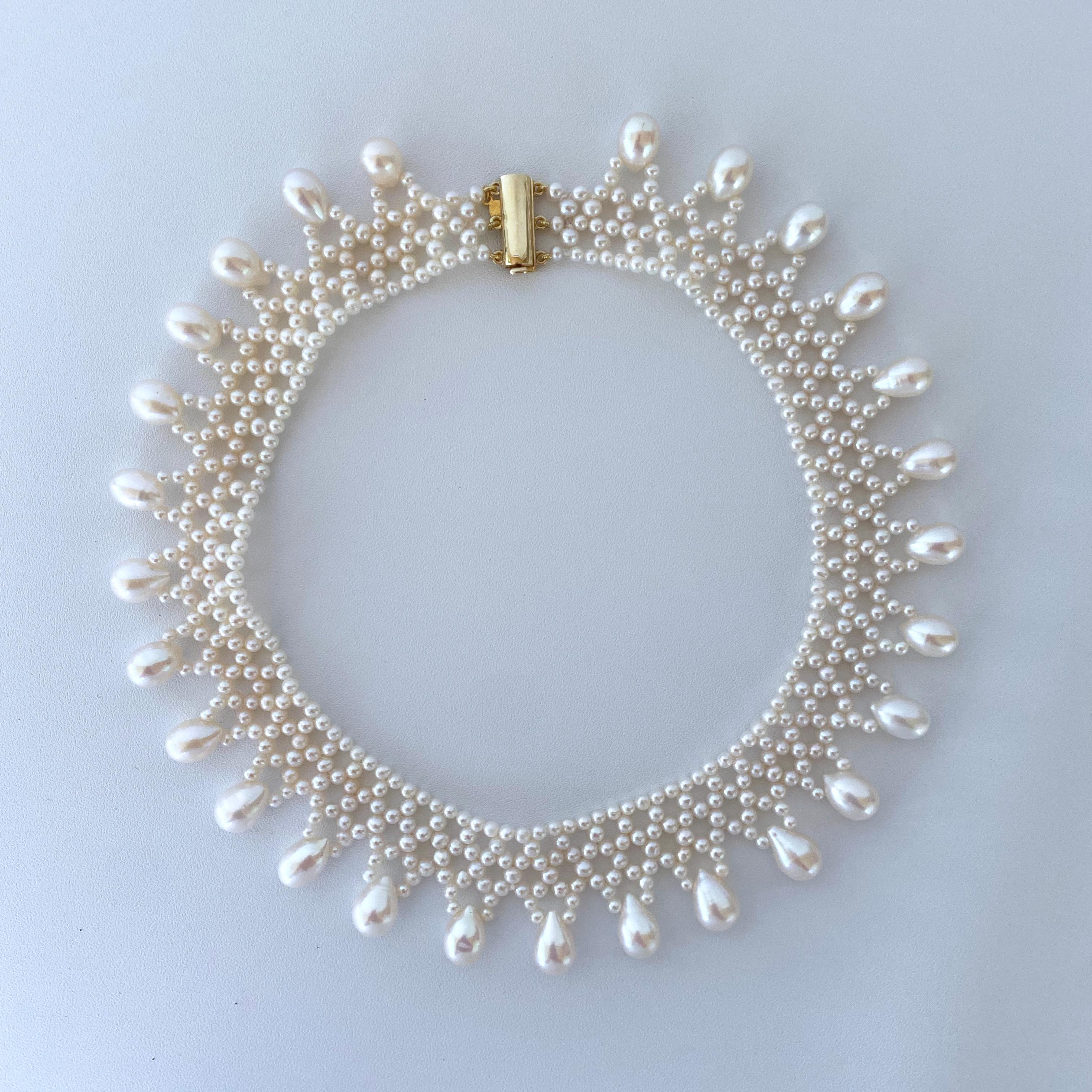 Women's Marina J .Woven Pearl Necklace with Pearl Drops at 14k Yellow Gold For Sale