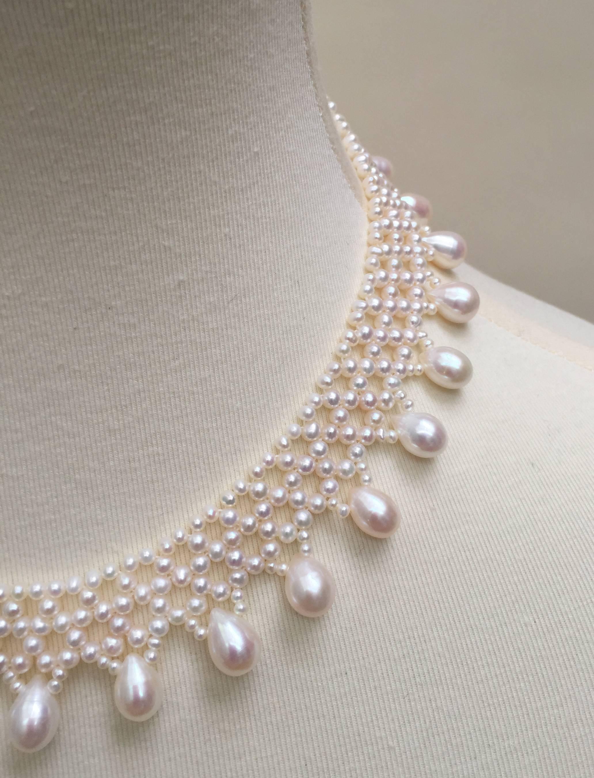 Marina J .Woven Pearl Necklace with Pearl Drops at 14k Yellow Gold For Sale 1