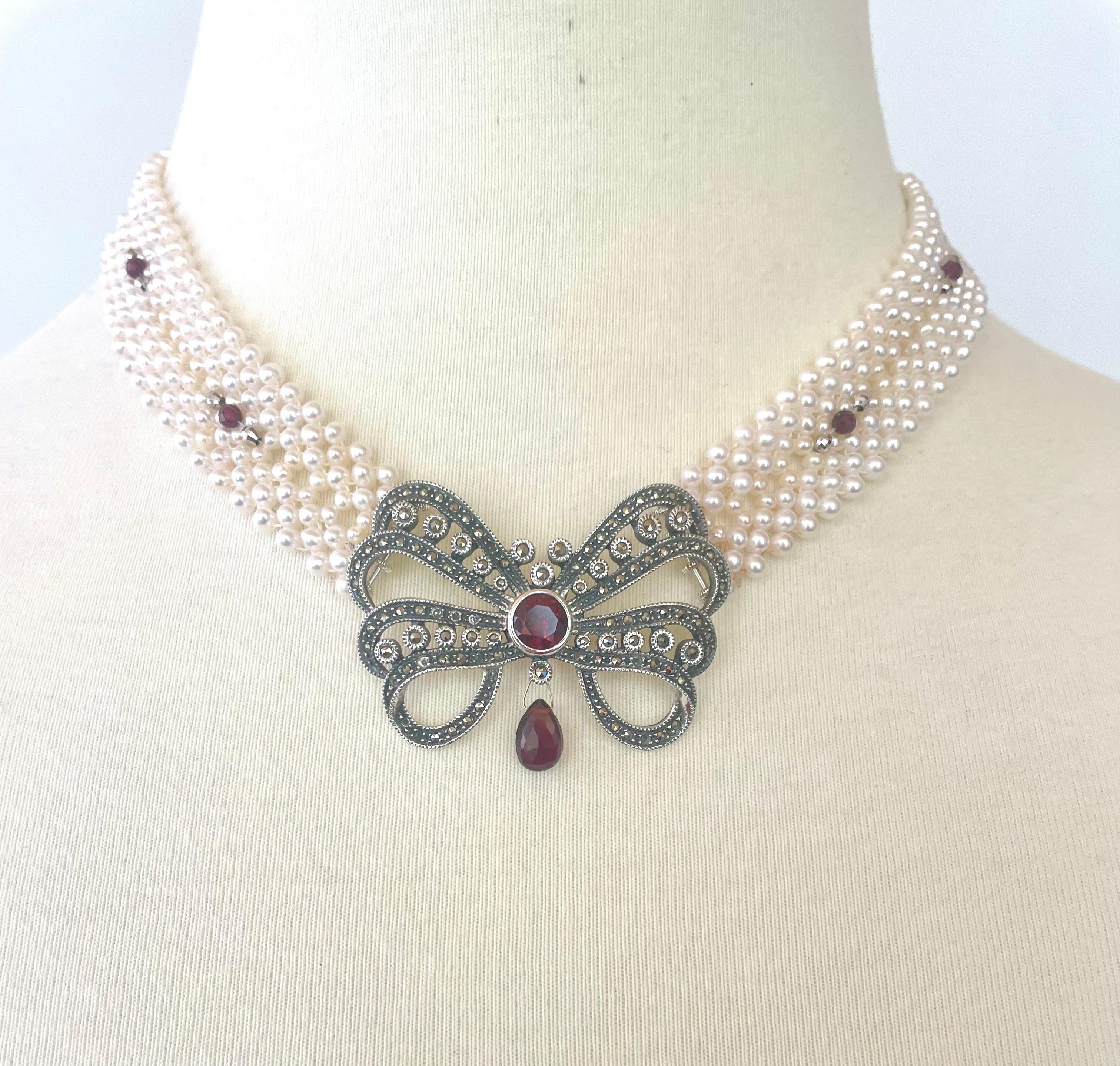 Marina J, gewebte Perlenkette mit Sterlingsilber-Brosche mit Granat im Angebot 1