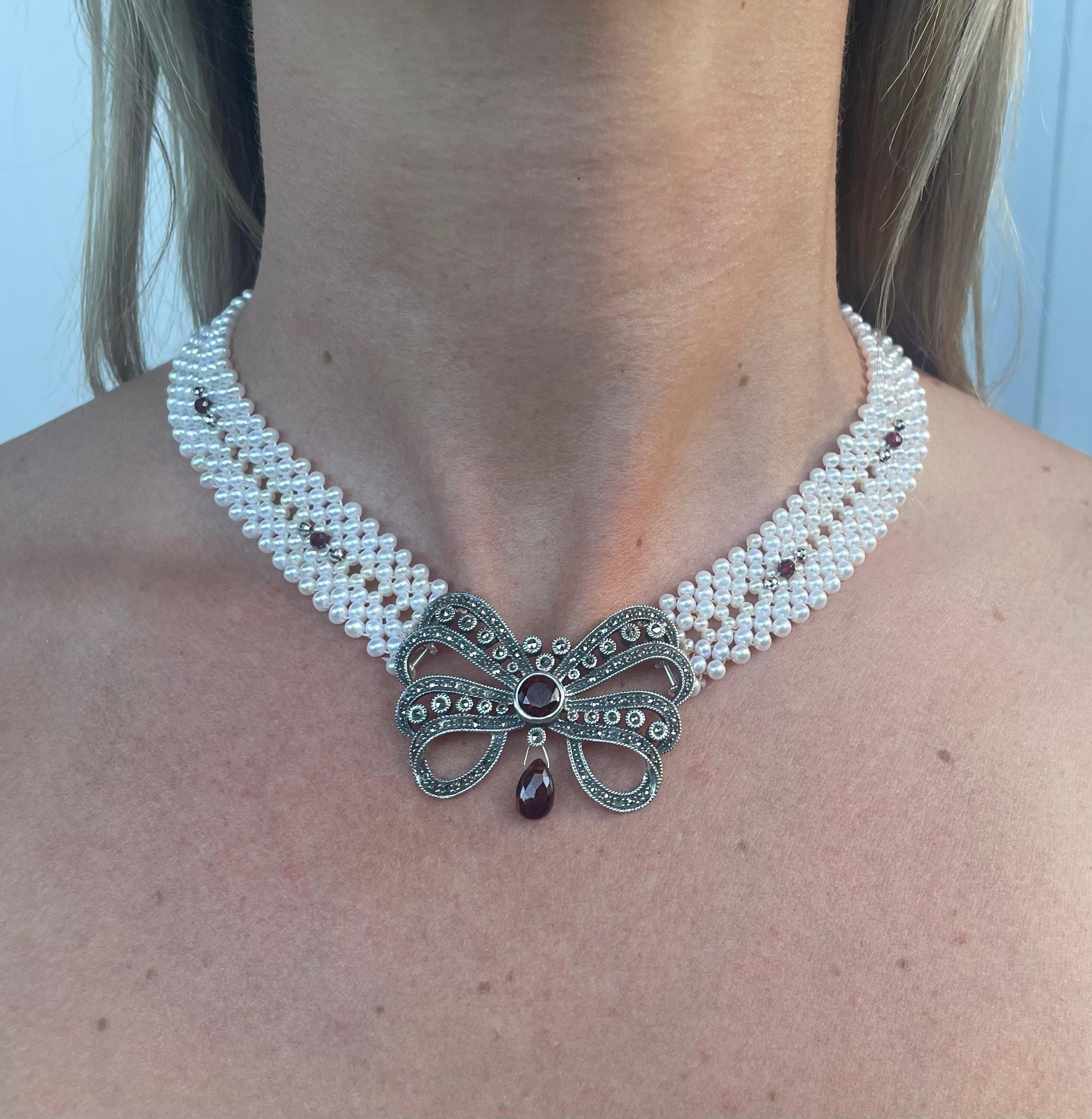 Marina J, gewebte Perlenkette mit Sterlingsilber-Brosche mit Granat im Zustand „Neu“ im Angebot in Los Angeles, CA