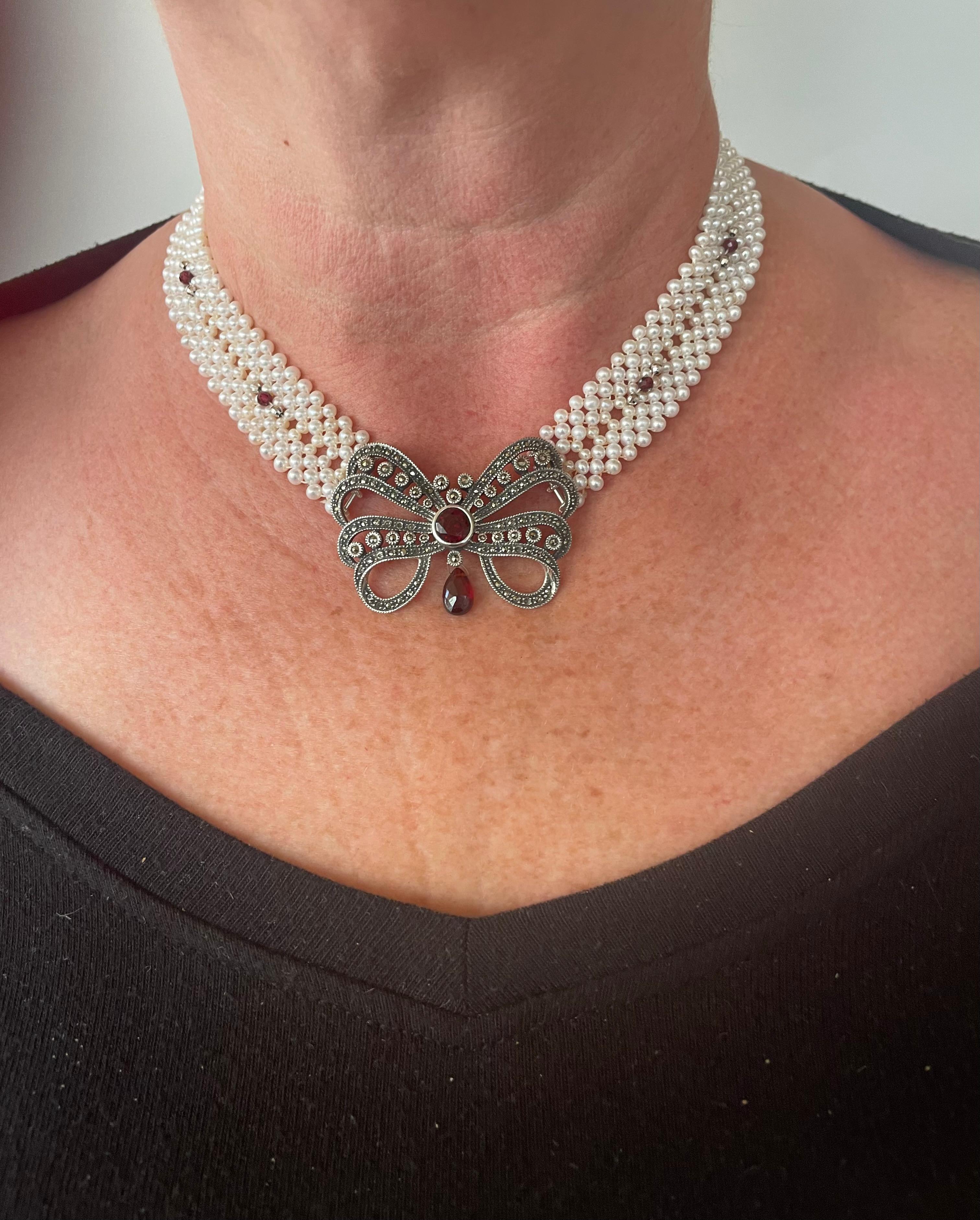Marina J, gewebte Perlenkette mit Sterlingsilber-Brosche mit Granat im Angebot 2