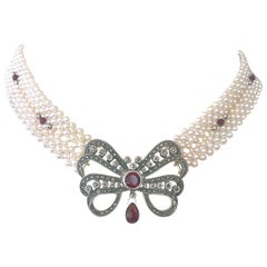 Marina J. Collar de perlas tejidas con broche vintage de plata de ley con granate