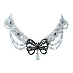 Marina J woven Pearl necklace with Sterling Silver vintage brooch with Garnet