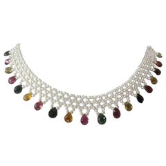 Marina J Woven Pearl Necklace with Tourmaline Brioletts and 14 Karat Yellow Gold