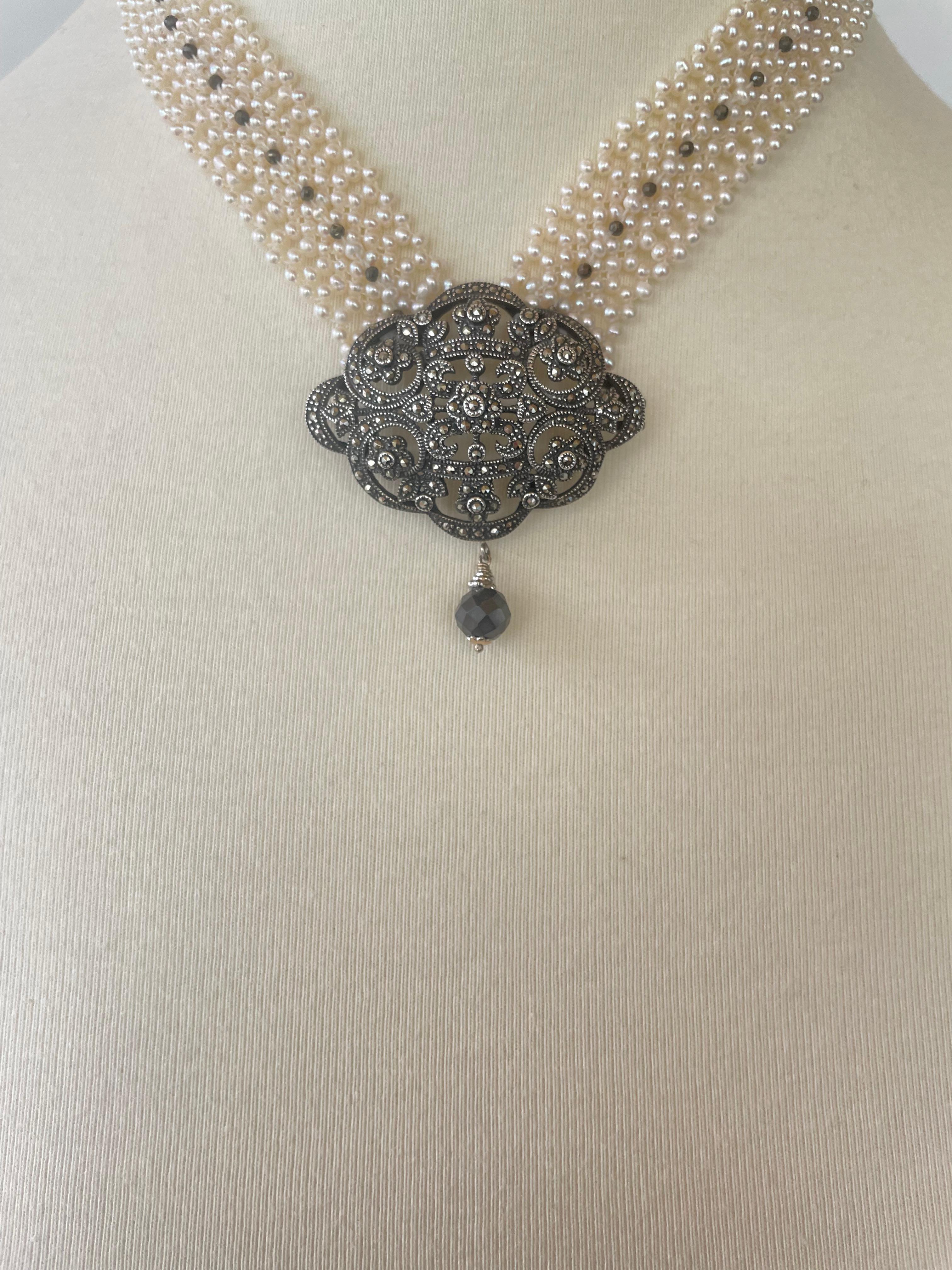 Marina J. Woven Pearl Necklace with Vintage Silver Centerpiece and Black Spinnel For Sale 2