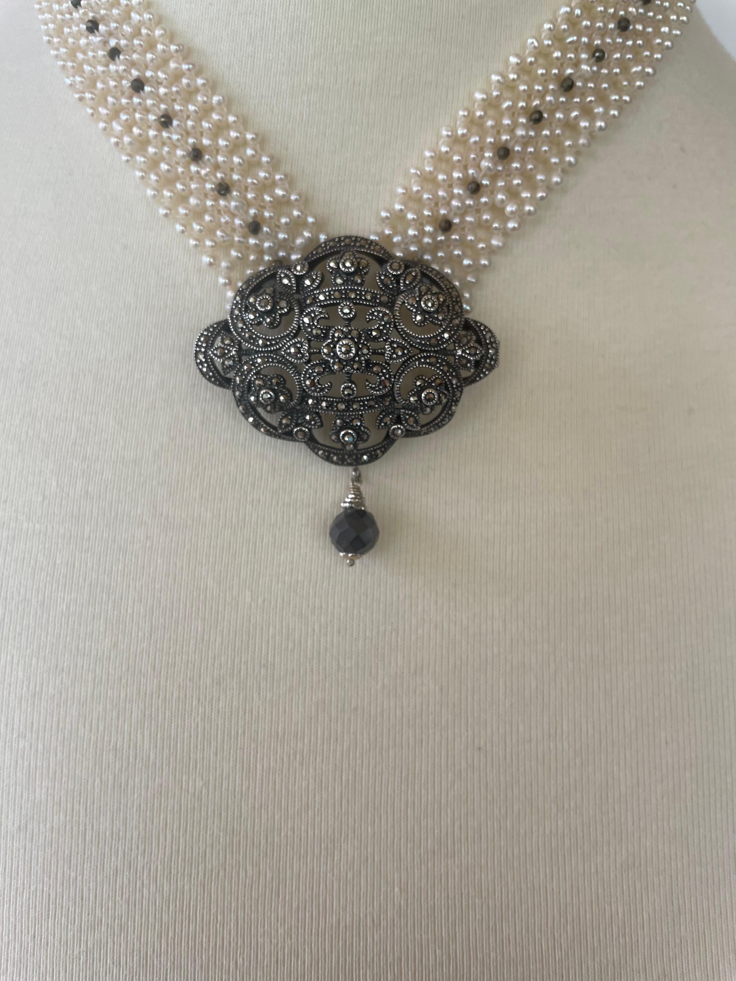 Marina J. Woven Pearl Necklace with Vintage Silver Centerpiece and Black Spinnel For Sale 3