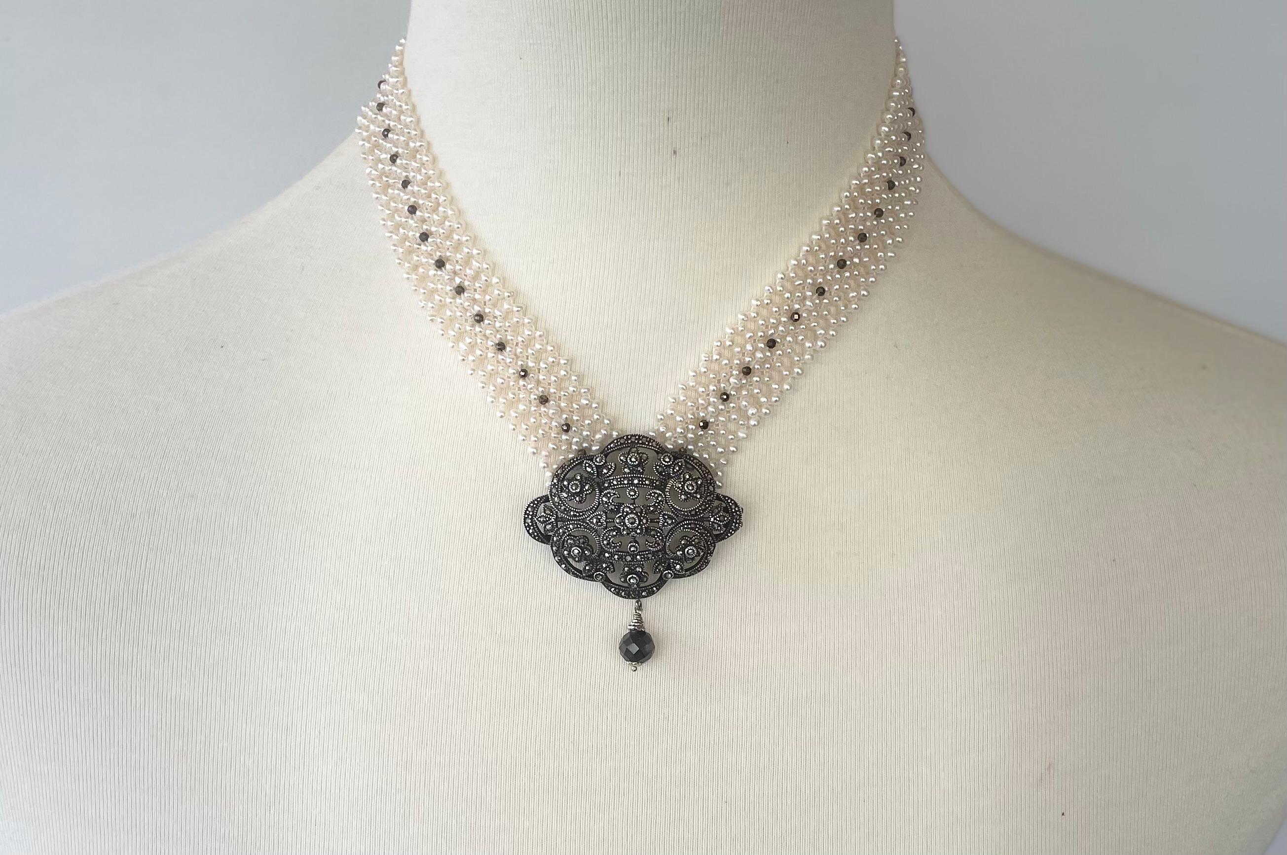 Marina J. Woven Pearl Necklace with Vintage Silver Centerpiece and Black Spinnel For Sale 6