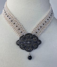 Marina J. Woven Pearl Necklace with Vintage Silver Centerpiece and Black Spinnel