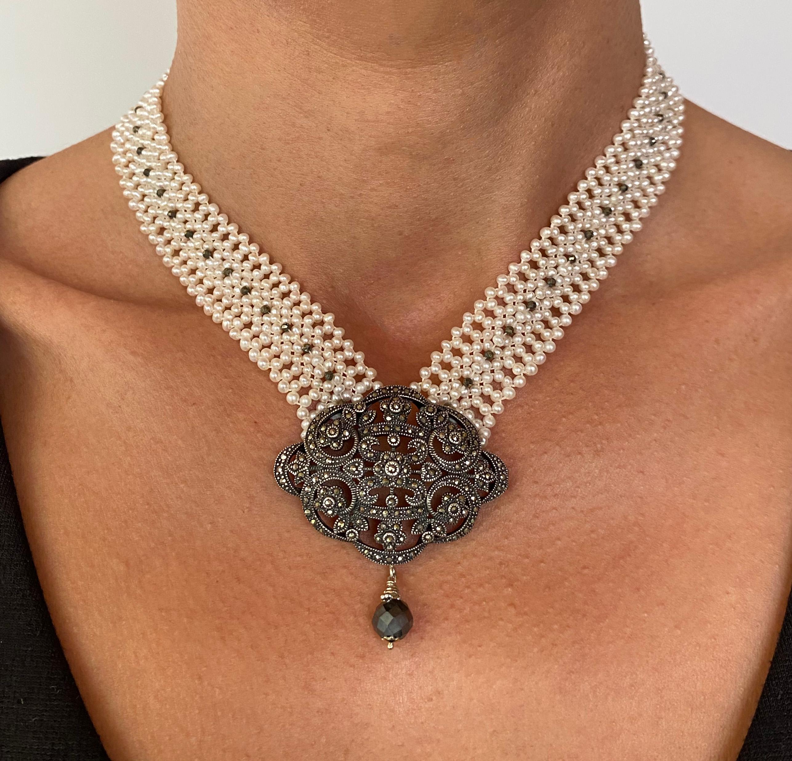 Bead Marina J. Woven Pearl Necklace with Vintage Silver Centerpiece and Black Spinnel For Sale
