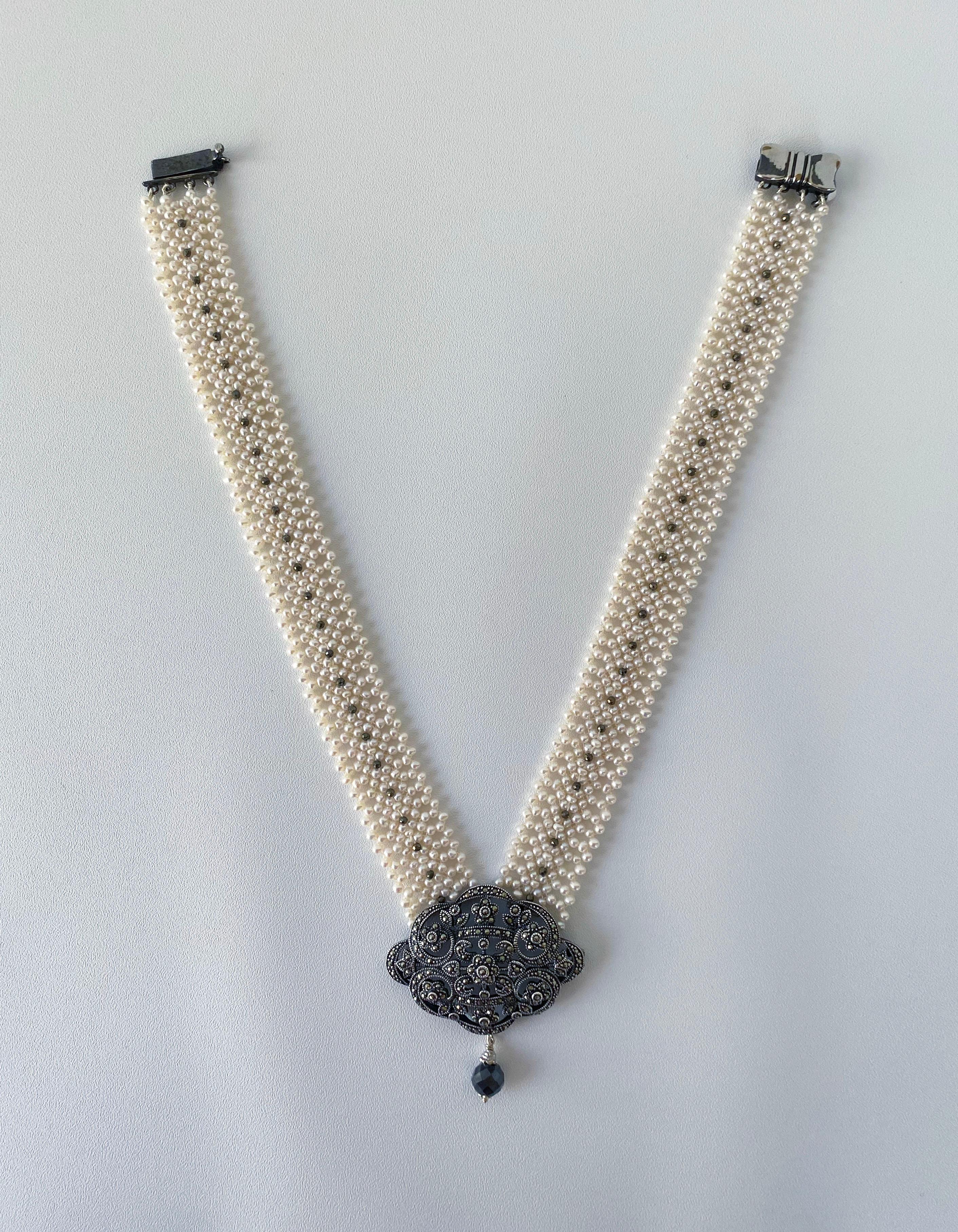 Artisan Marina J. Woven Pearl Necklace with Vintage Silver Centerpiece and Black Spinnel For Sale