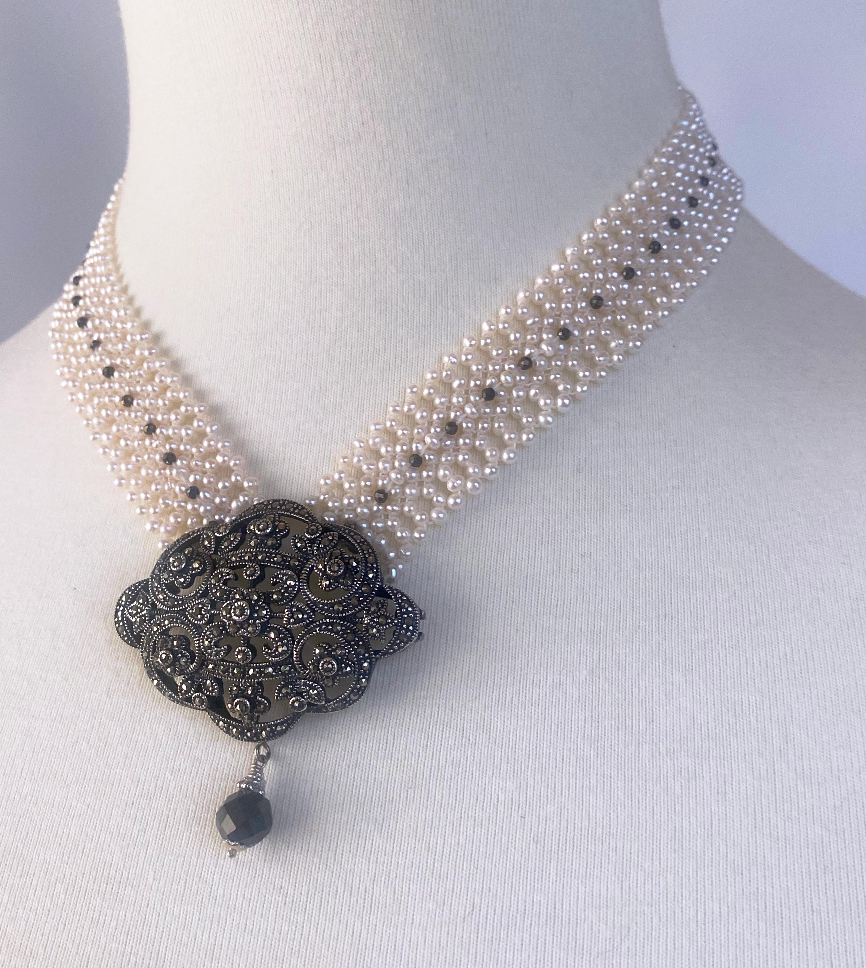 Marina J. Woven Pearl Necklace with Vintage Silver Centerpiece and Black Spinnel In New Condition For Sale In Los Angeles, CA