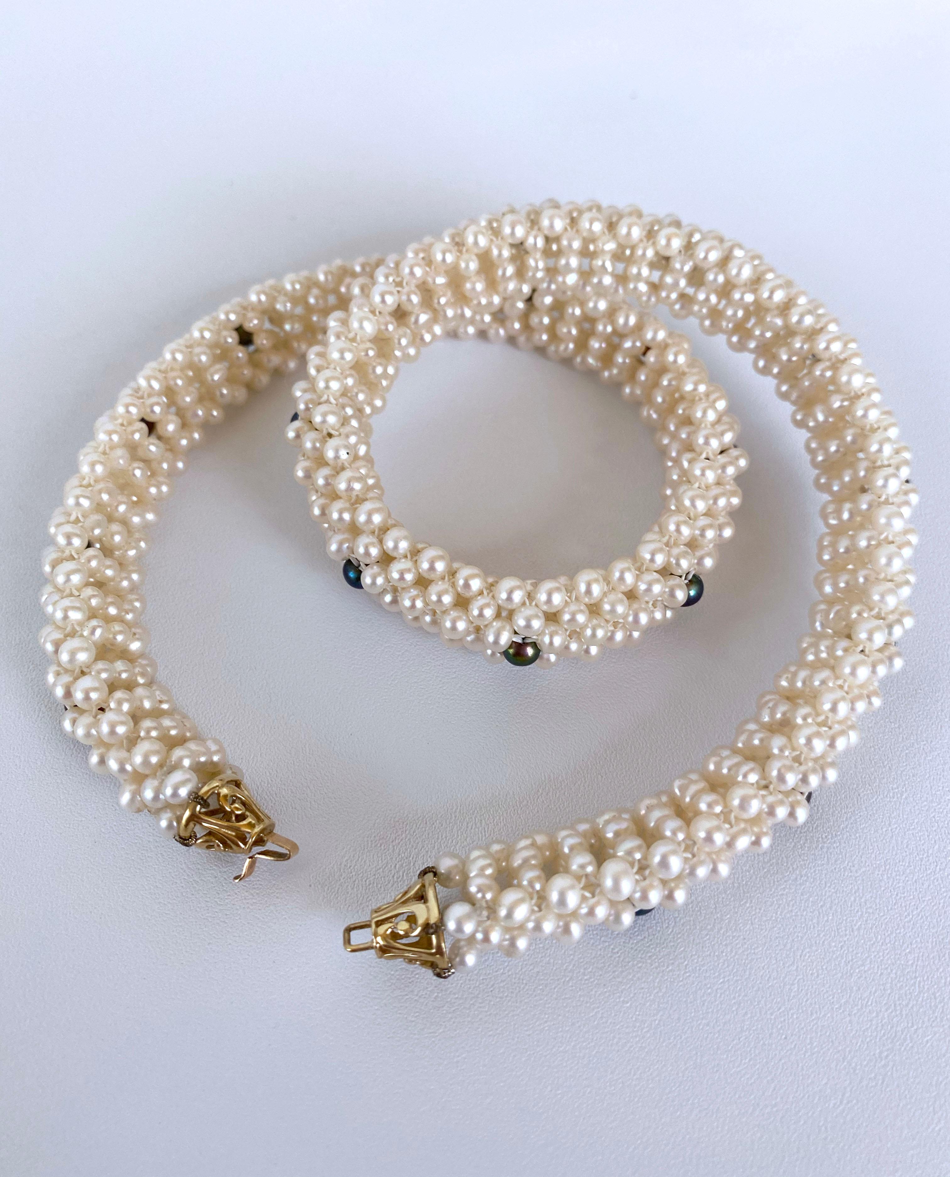 Women's Marina J. Woven Pearl Rope Necklace with Black Pearl Accents & 14k Yellow Gold For Sale