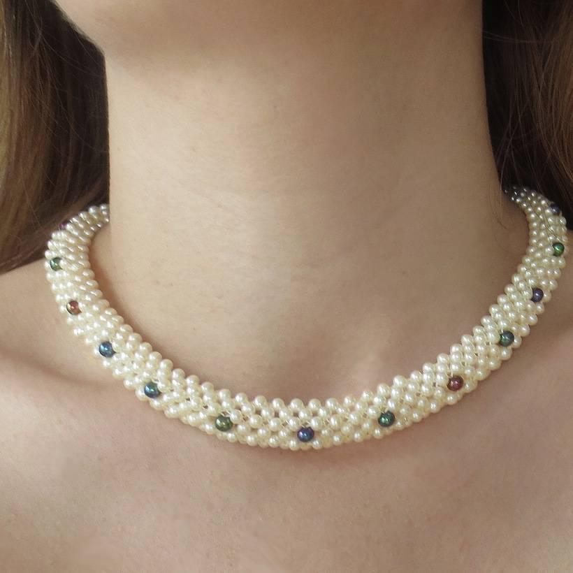 Marina J. Collier en perles tissées avec accents de perles noires et or jaune 14k en vente 3