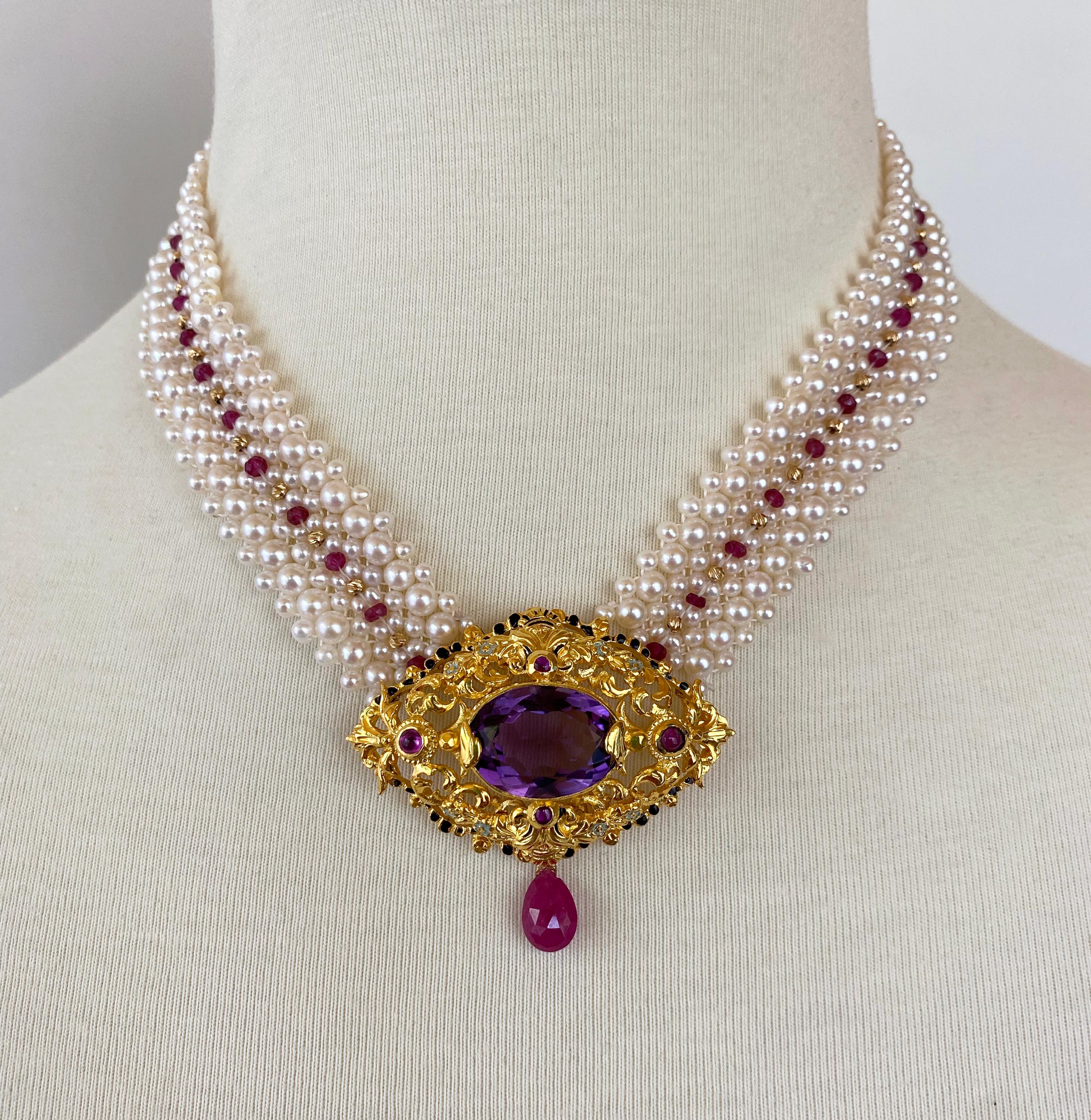 Marina J. Woven Pearl, Ruby & Gold Necklace with Vintage Gold & Amethyst Brooch 5
