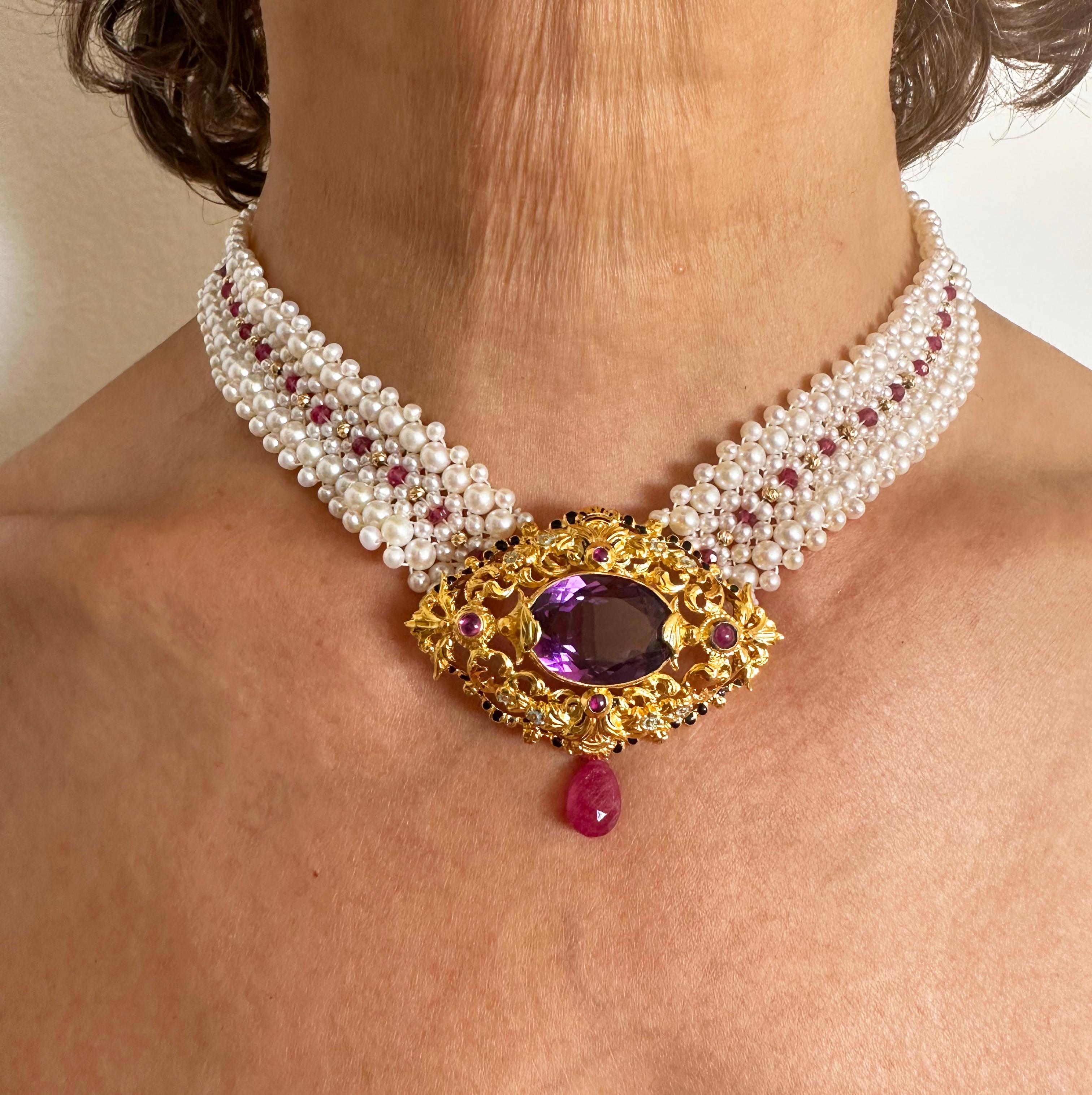 Marina J. Woven Pearl, Ruby & Gold Necklace with Vintage Gold & Amethyst Brooch 6