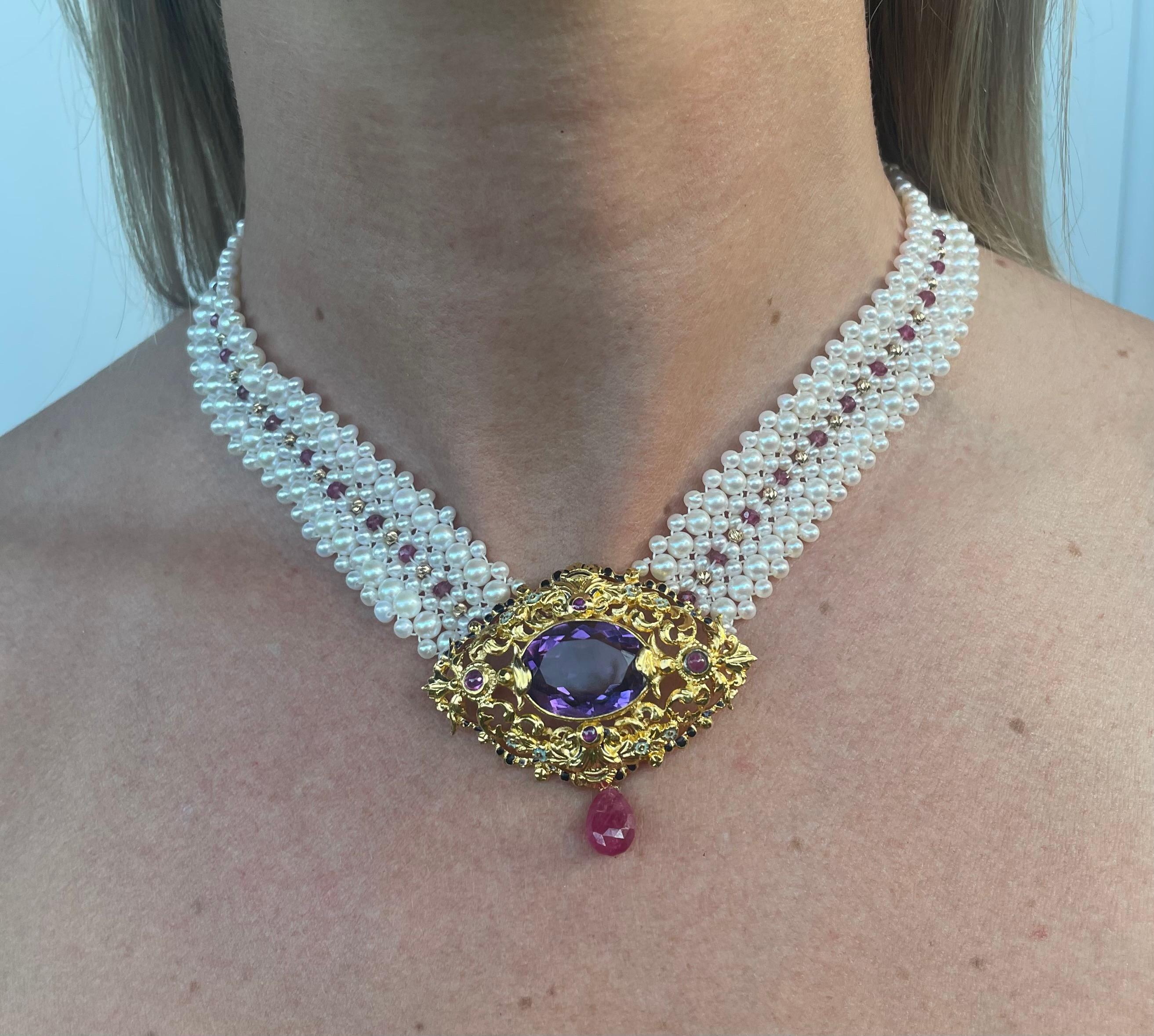 Bead Marina J. Woven Pearl, Ruby & Gold Necklace with Vintage Gold & Amethyst Brooch