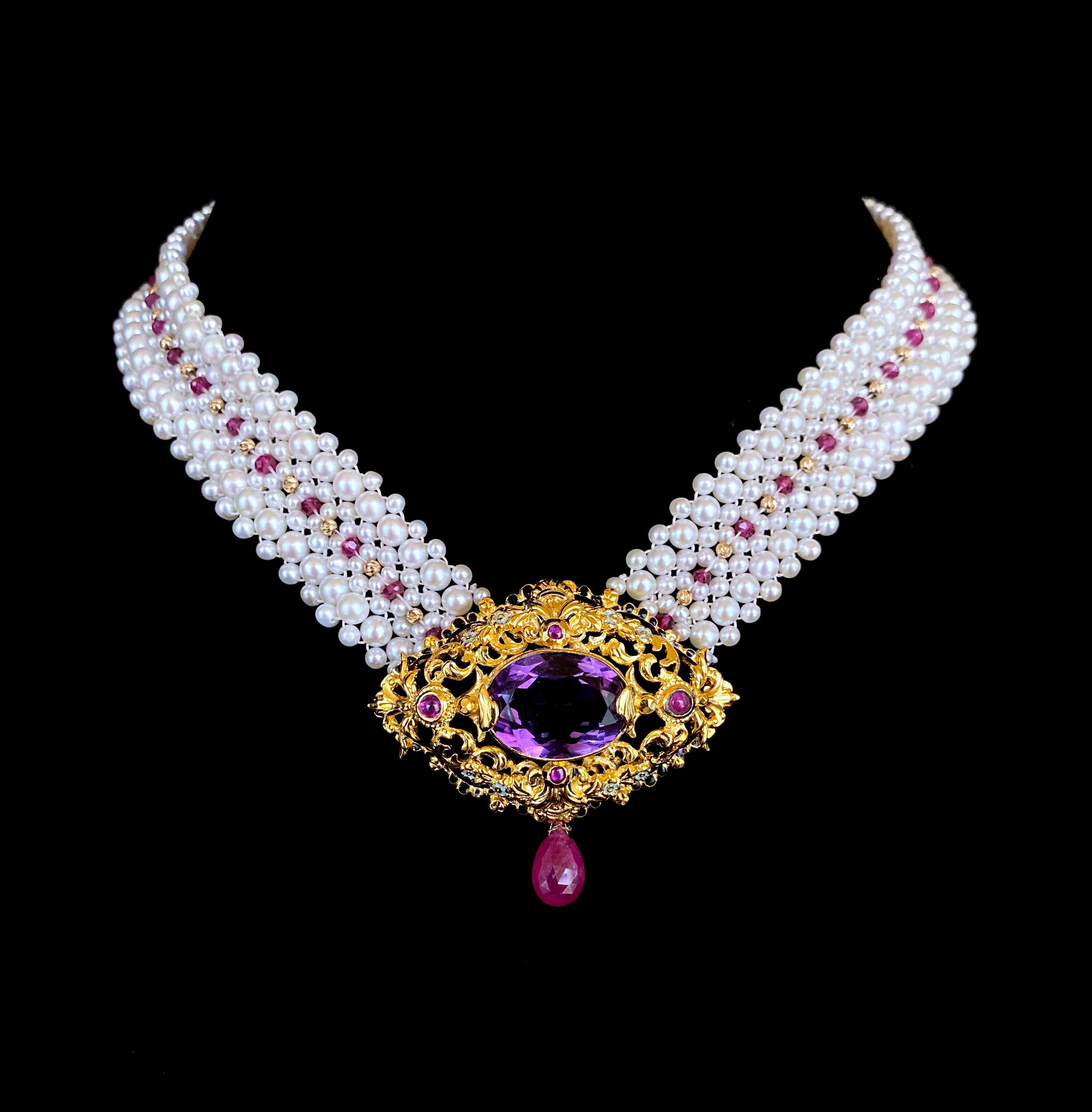 Gorgeous One of A Kind necklace by Marina J. This lovely piece features a Vintage 18k Gold Plated - Silver Victorian Inspired Brooch as the Centerpiece. A Stunning bezel set Faceted Amethyst sits in the middle of the filigree Brooch, with small