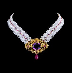 Marina J. Woven Pearl, Ruby & Gold Necklace with Vintage Gold & Amethyst Brooch