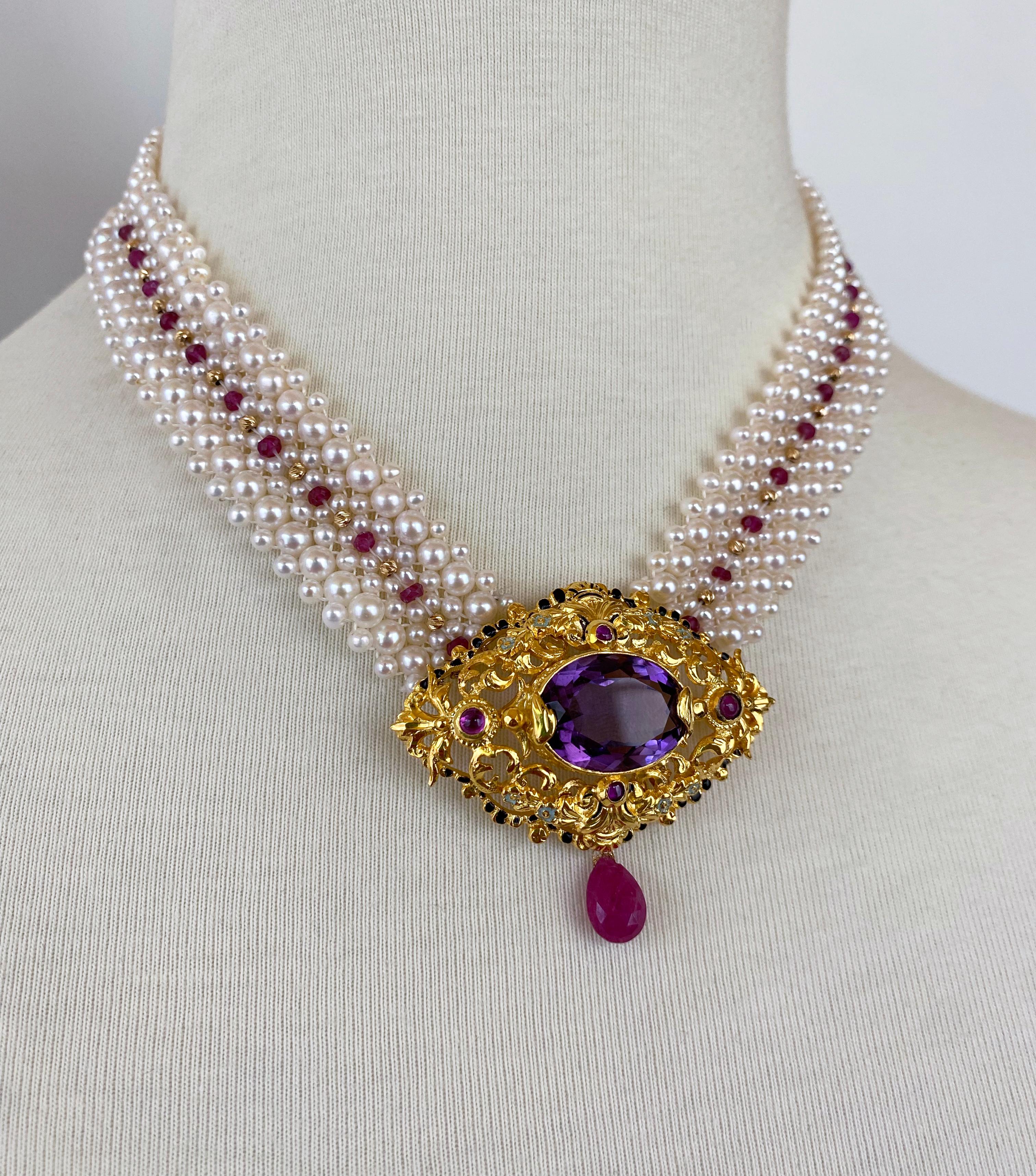 Victorian Marina J. Woven Pearl, Ruby & Gold Necklace with Vintage Gold & Amethyst Brooch