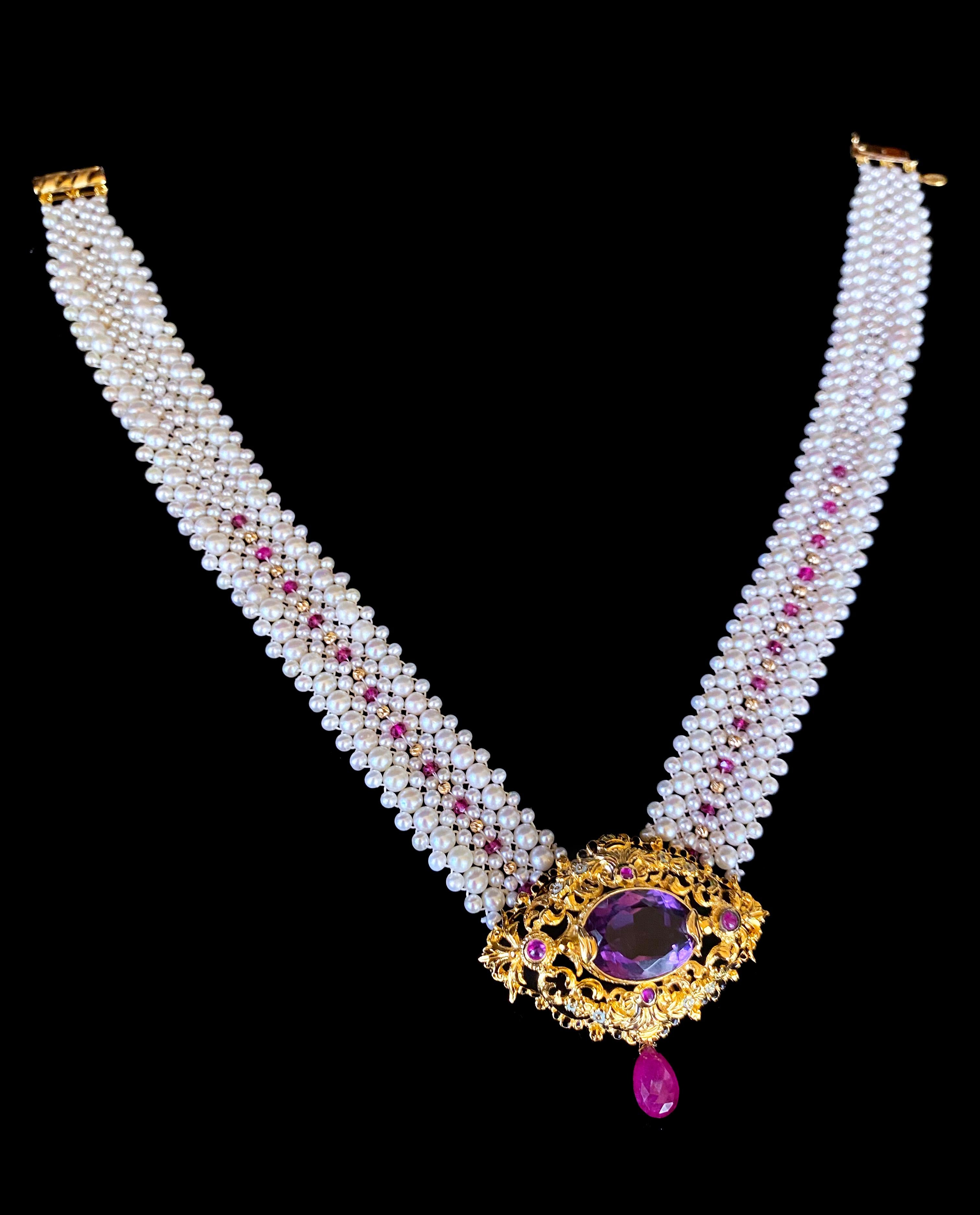Marina J. Woven Pearl, Ruby & Gold Necklace with Vintage Gold & Amethyst Brooch In New Condition In Los Angeles, CA