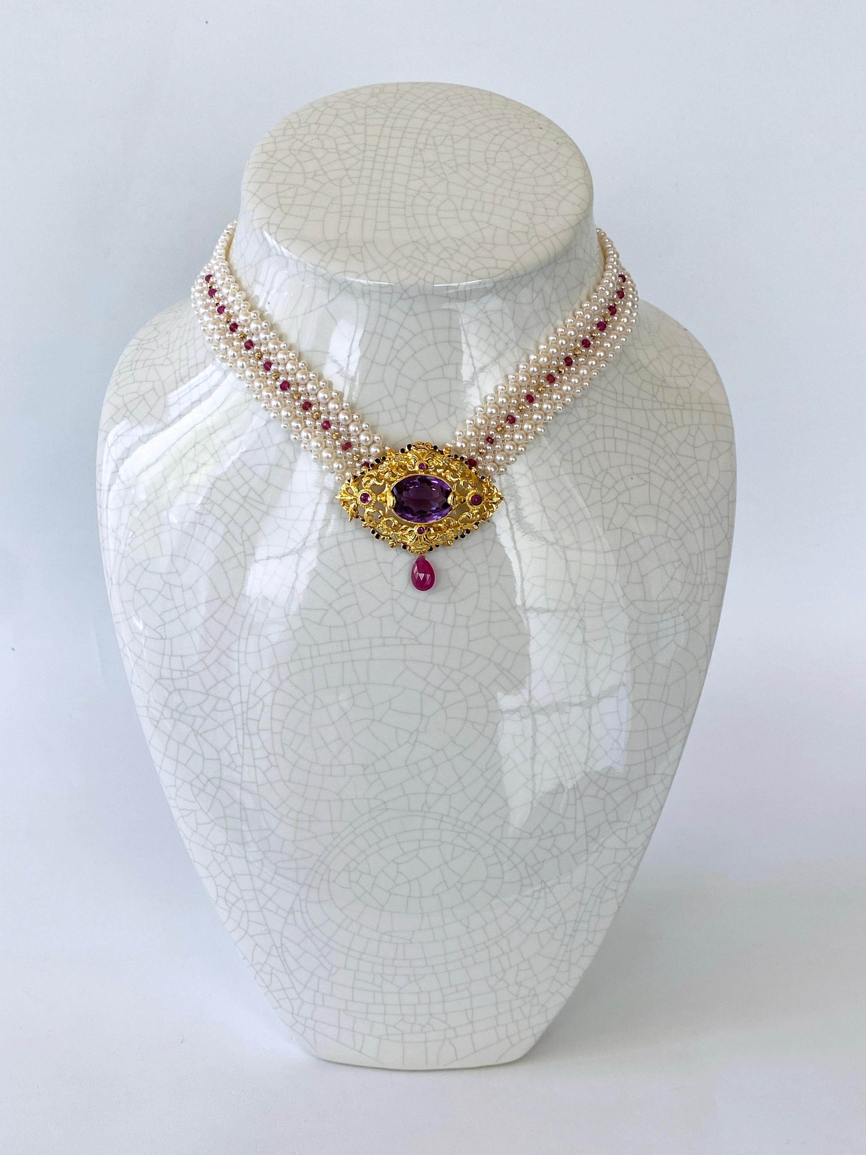 Women's Marina J. Woven Pearl, Ruby & Gold Necklace with Vintage Gold & Amethyst Brooch