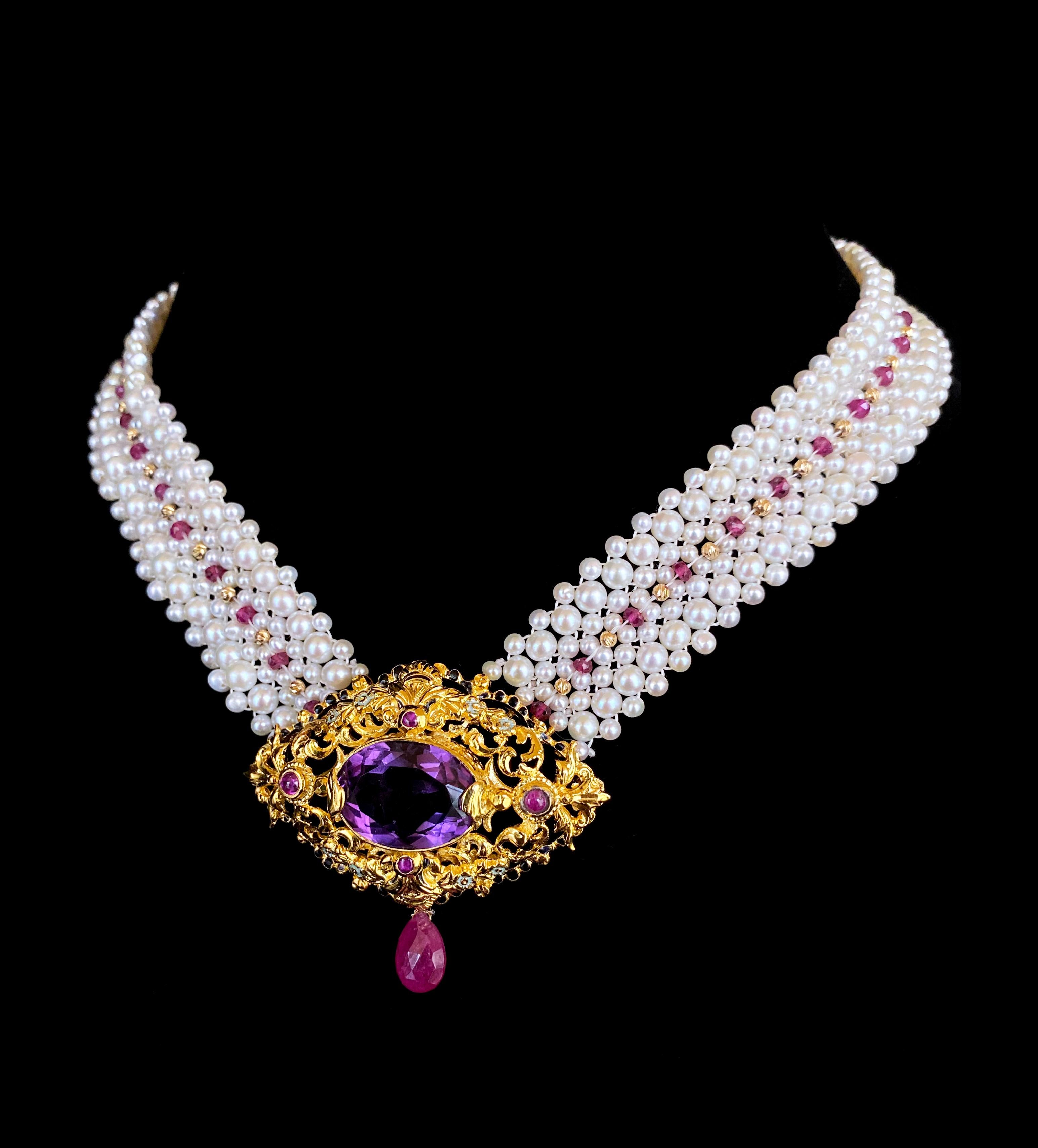 Marina J. Woven Pearl, Ruby & Gold Necklace with Vintage Gold & Amethyst Brooch 1