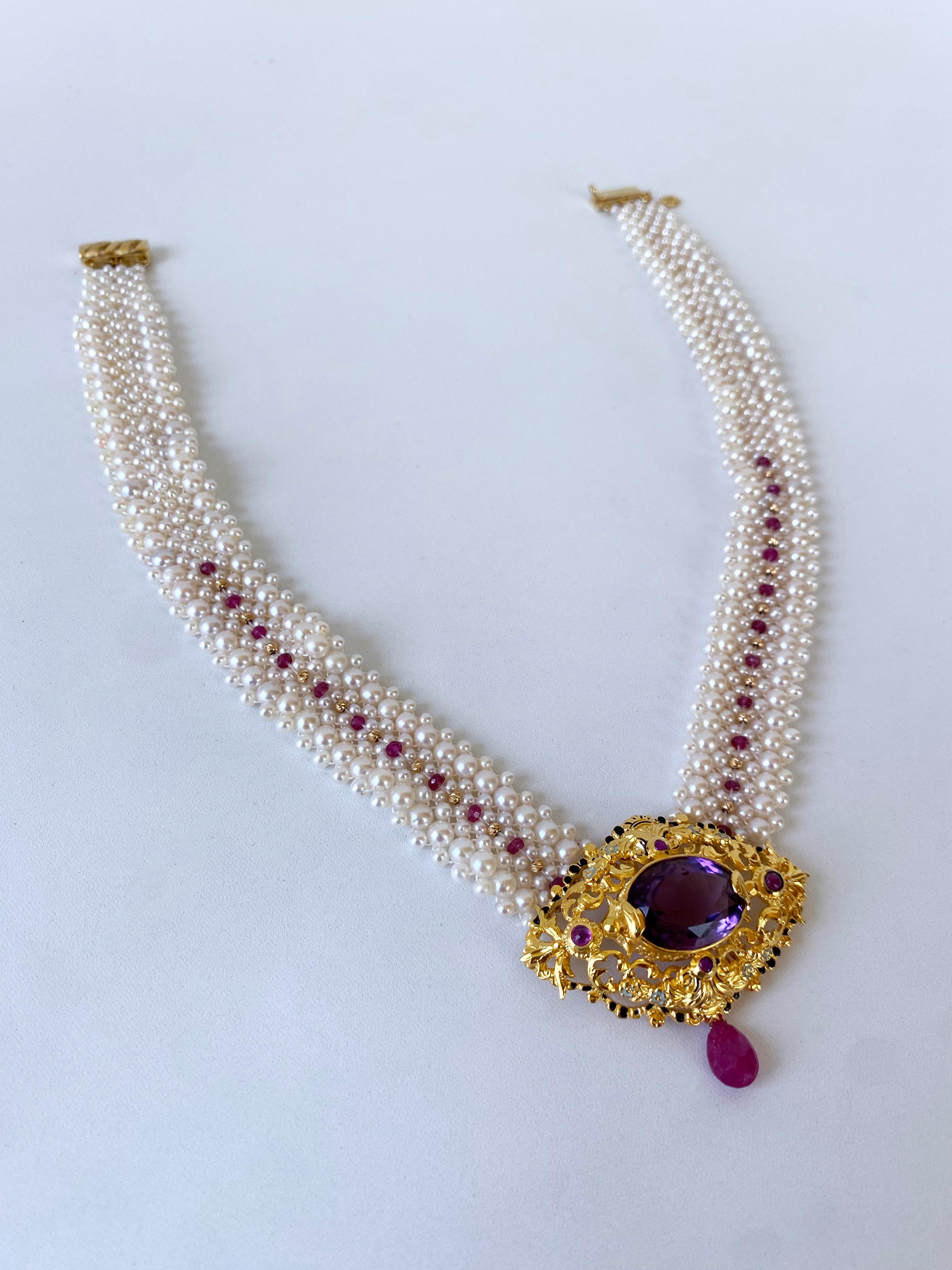 Marina J. Woven Pearl, Ruby & Gold Necklace with Vintage Gold & Amethyst Brooch 3