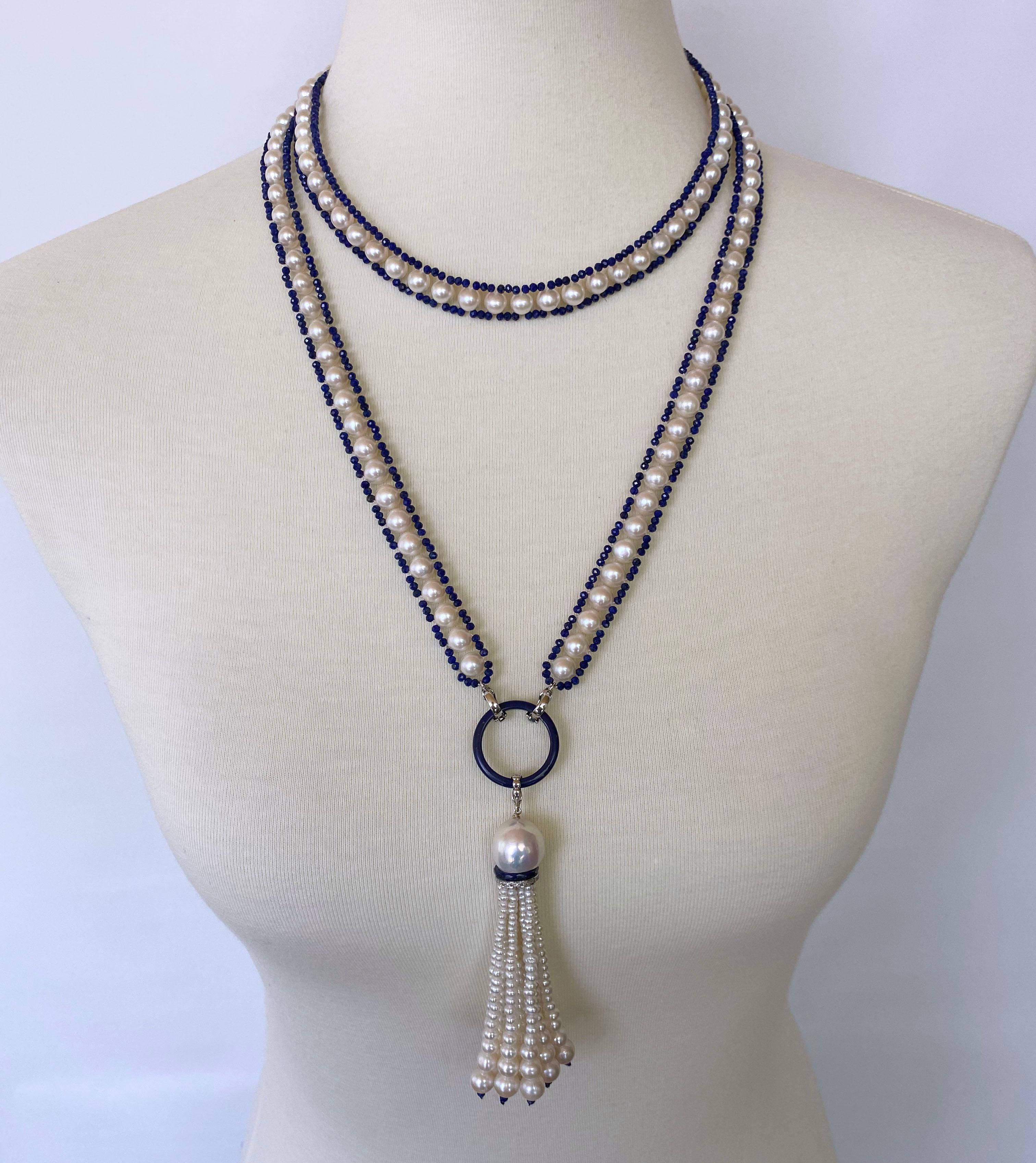 Marina J. Woven Pearl Sautior with Lapis Lazuli Beads and Graduated Pearl Tassel 4