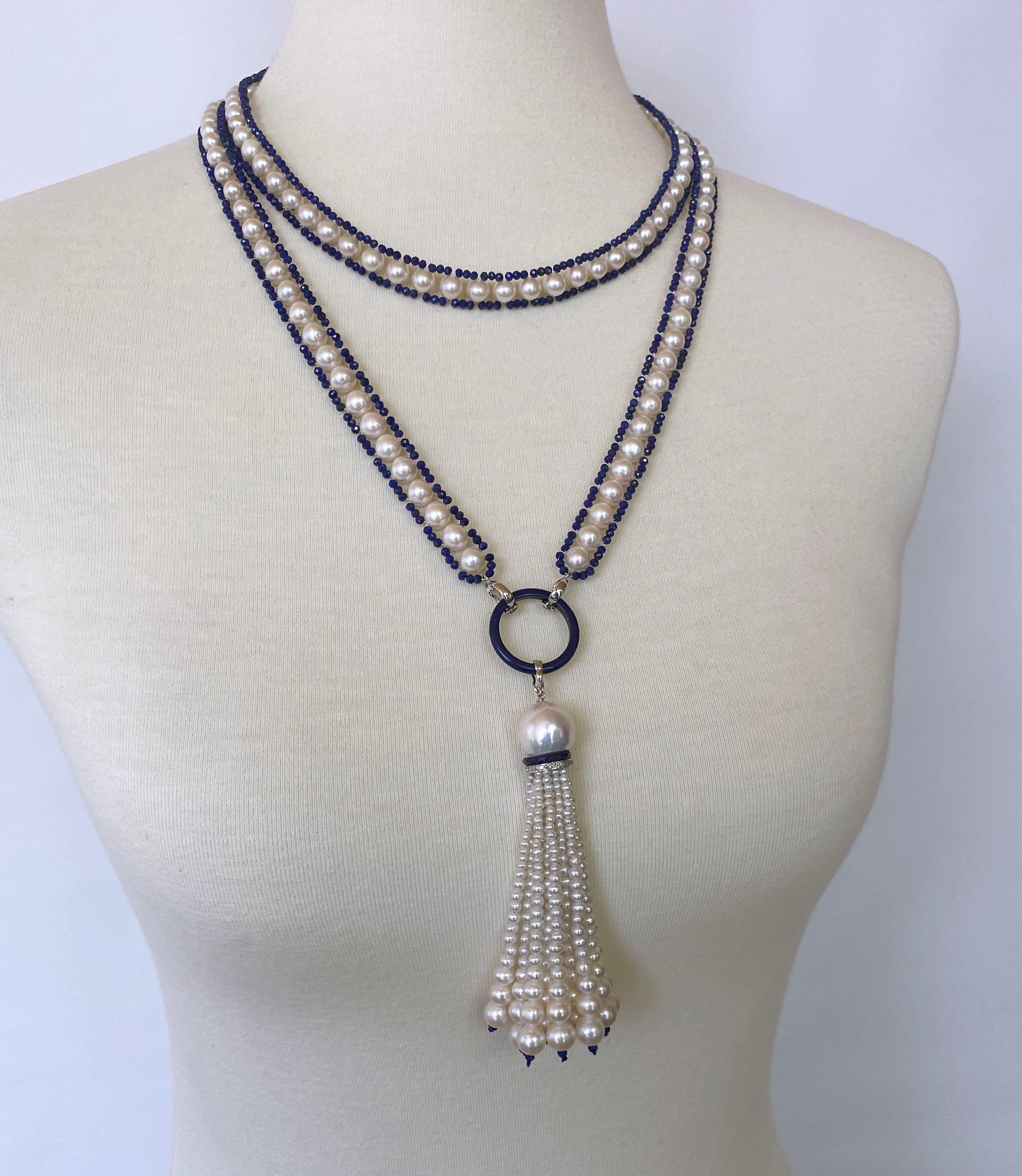 Marina J. Woven Pearl Sautior with Lapis Lazuli Beads and Graduated Pearl Tassel 5