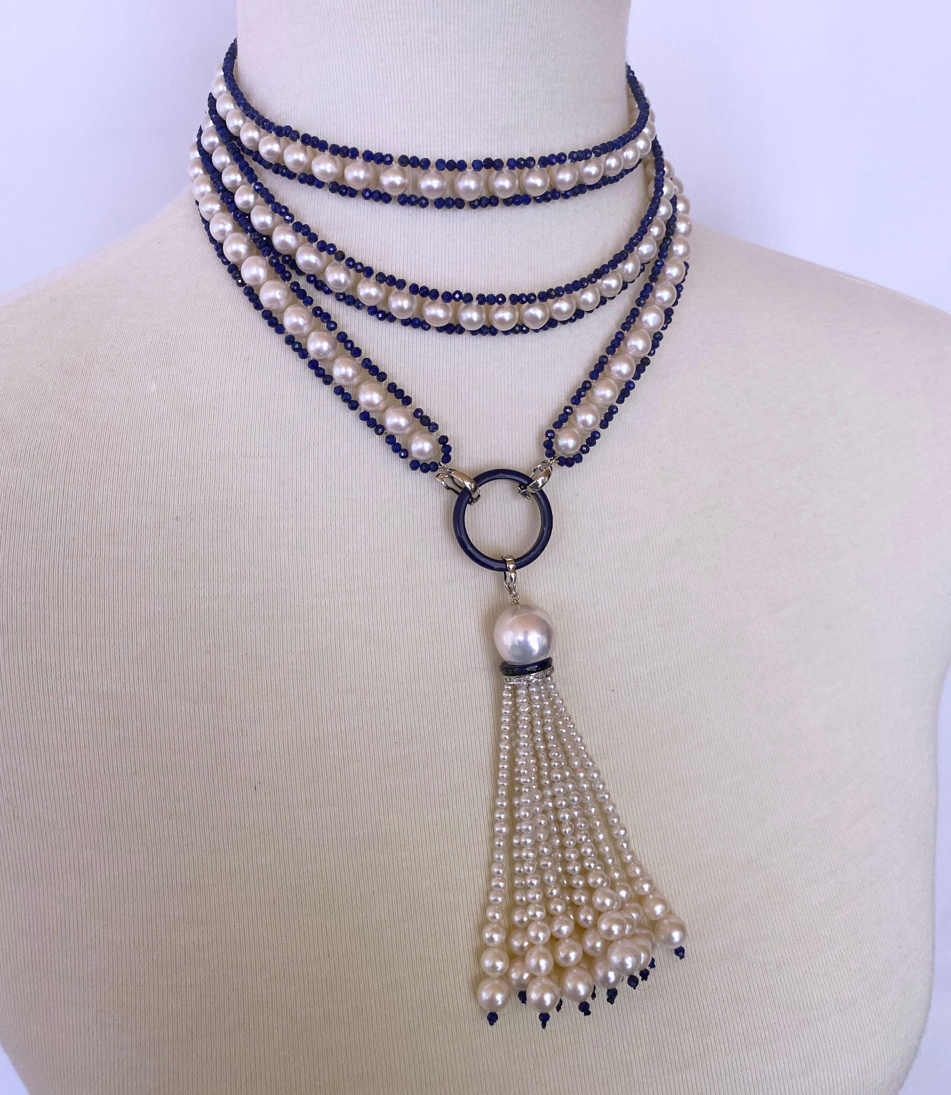 Marina J. Woven Pearl Sautior with Lapis Lazuli Beads and Graduated Pearl Tassel 6