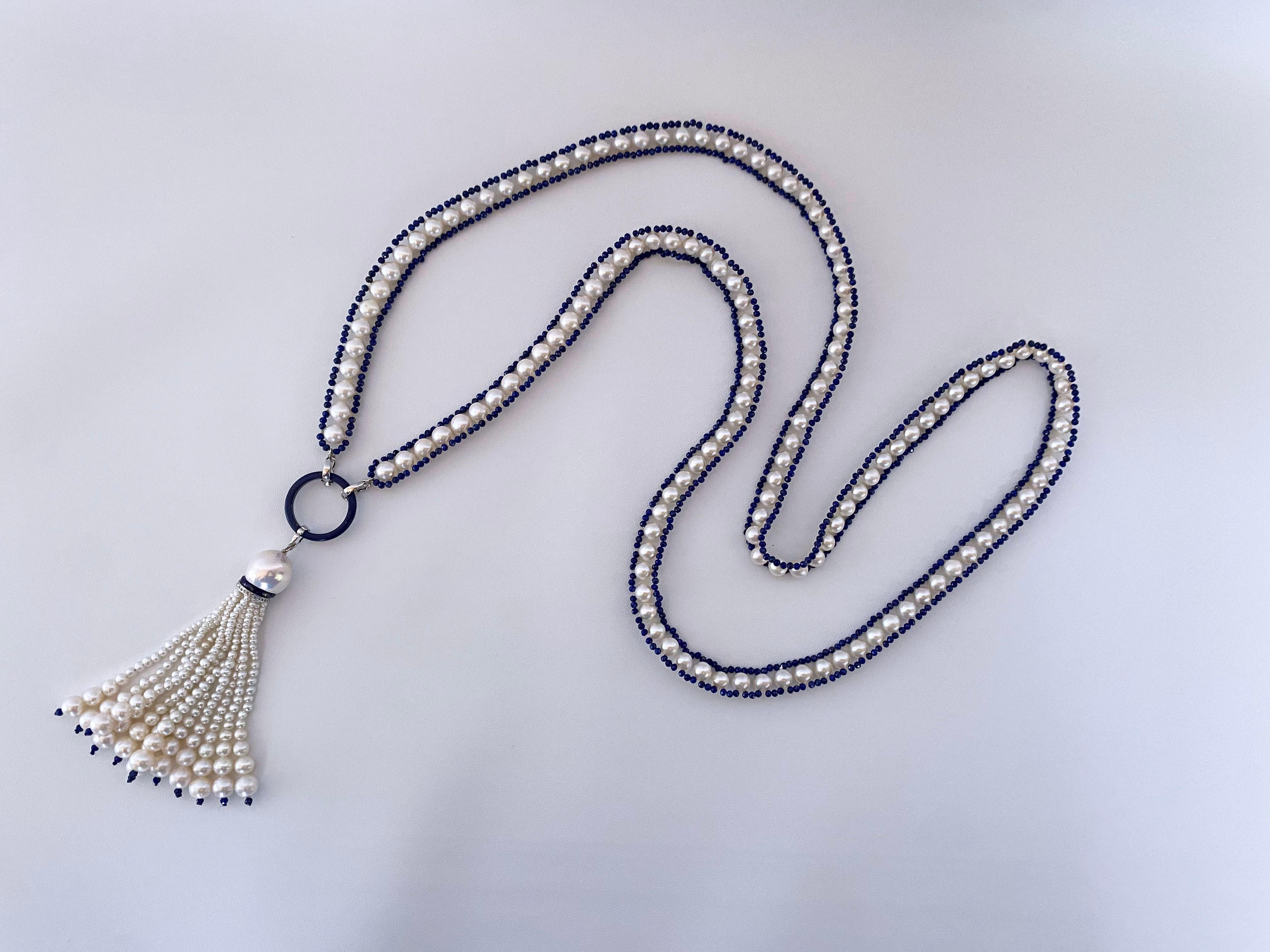 Marina J. Woven Pearl Sautior with Lapis Lazuli Beads and Graduated Pearl Tassel 7