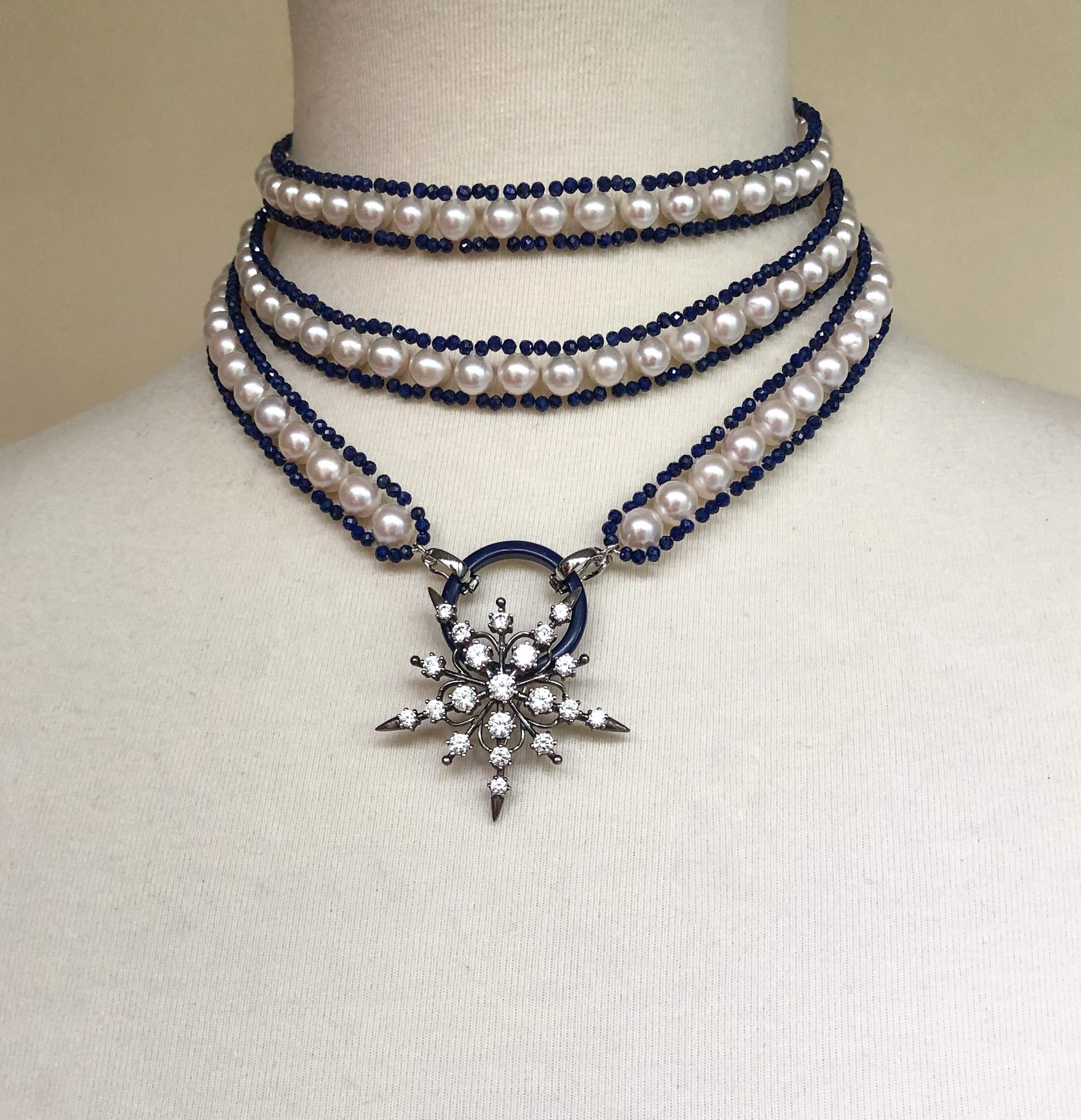 Brilliant Cut Marina J. Woven Pearl Sautior with Lapis Lazuli Beads and Graduated Pearl Tassel