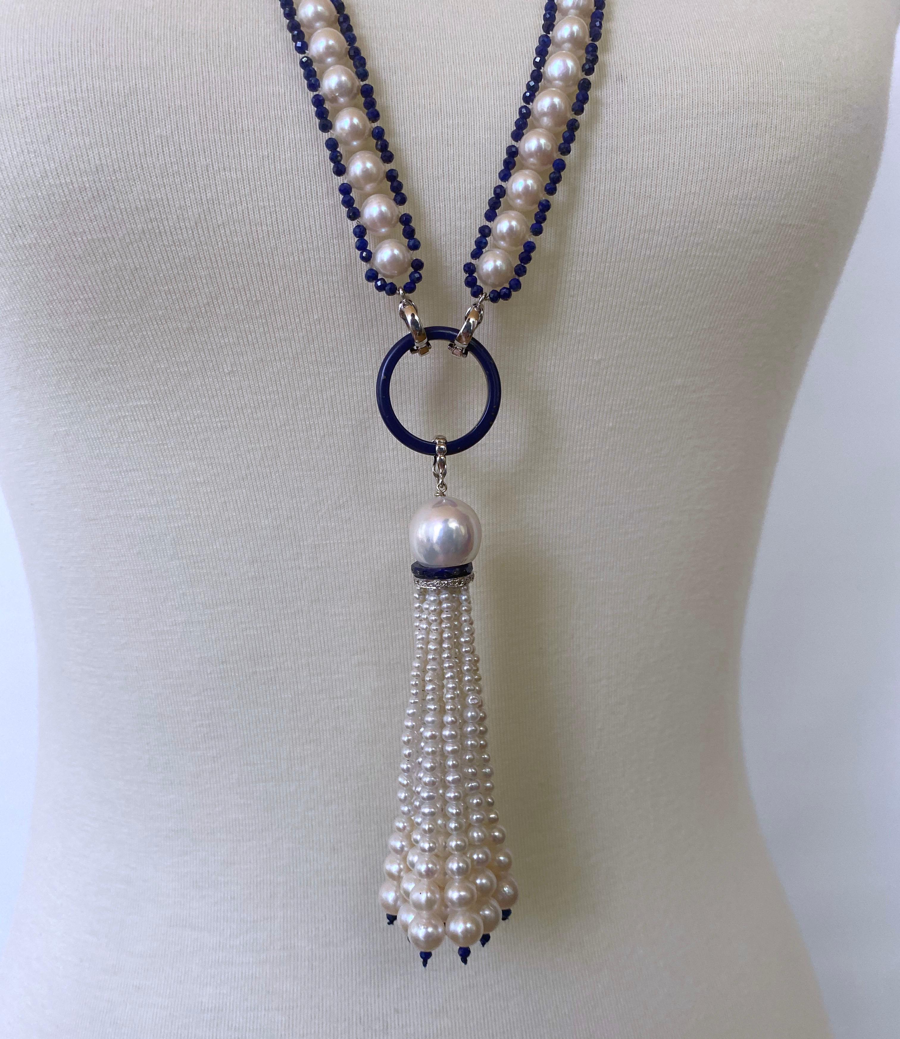 Artisan Marina J. Woven Pearl Sautior with Lapis Lazuli Beads and Graduated Pearl Tassel