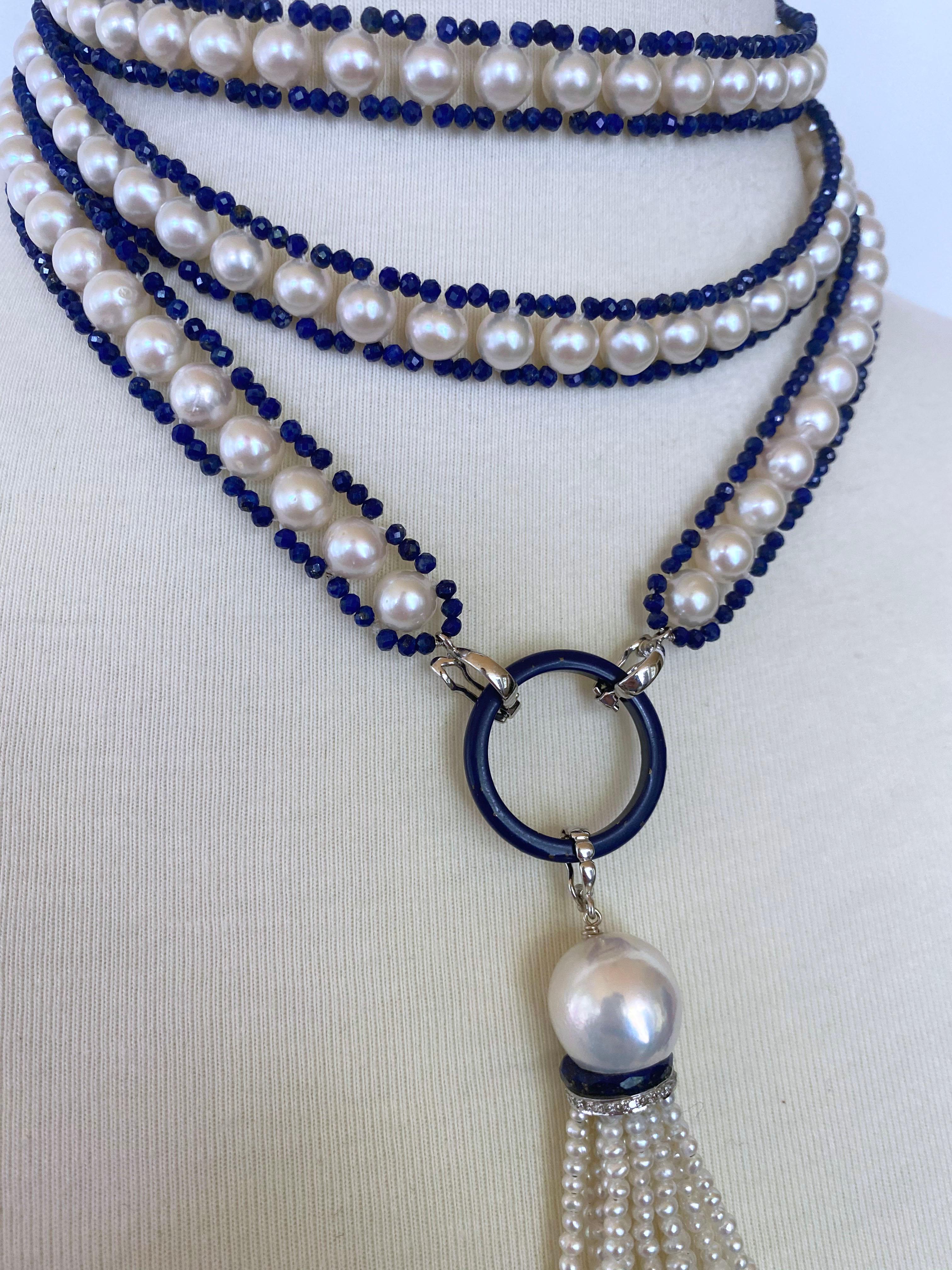 Marina J. Woven Pearl Sautior with Lapis Lazuli Beads and Graduated Pearl Tassel 2