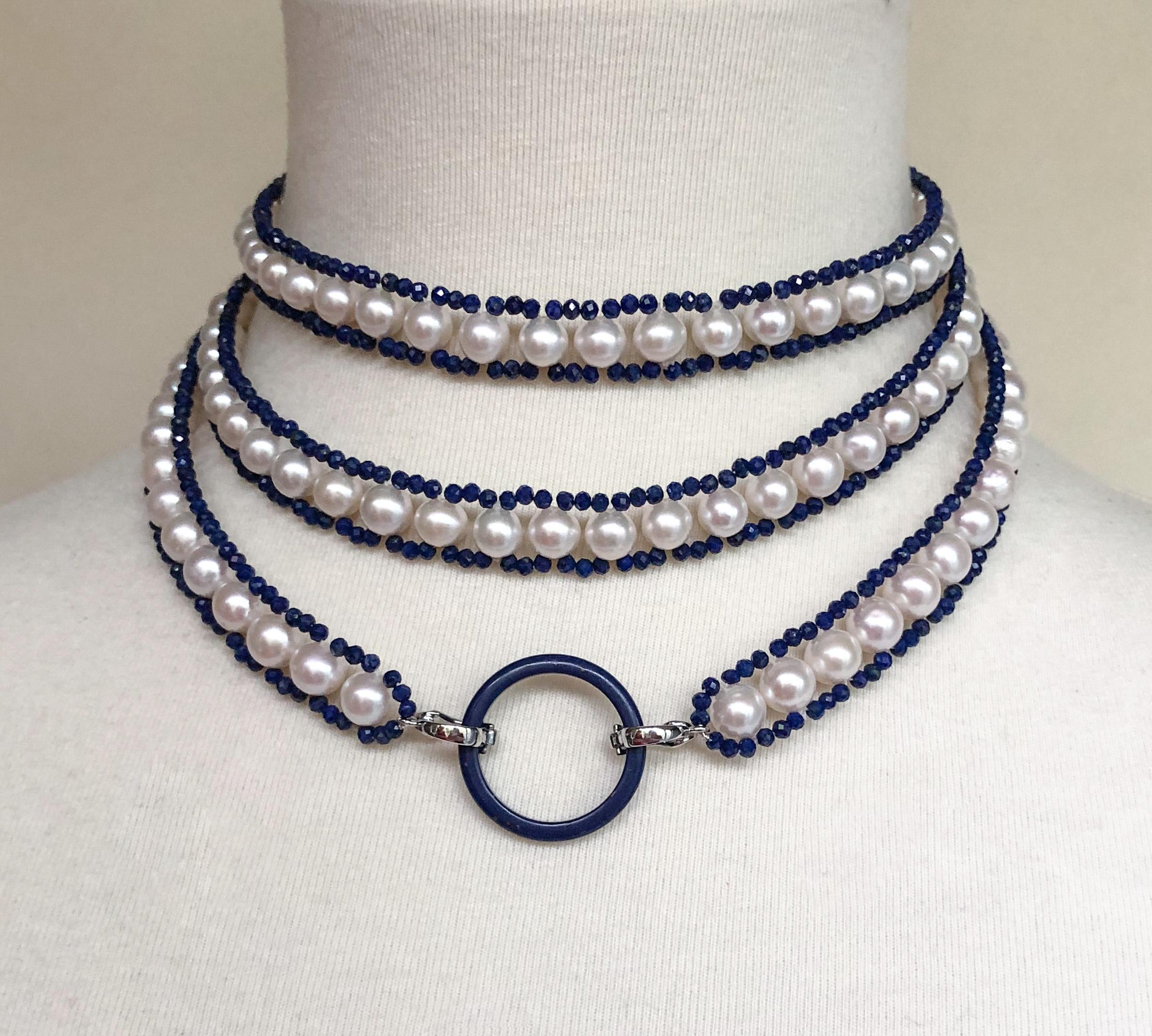 Marina J. Woven Pearl Sautior with Lapis Lazuli Beads and Graduated Pearl Tassel In New Condition In Los Angeles, CA