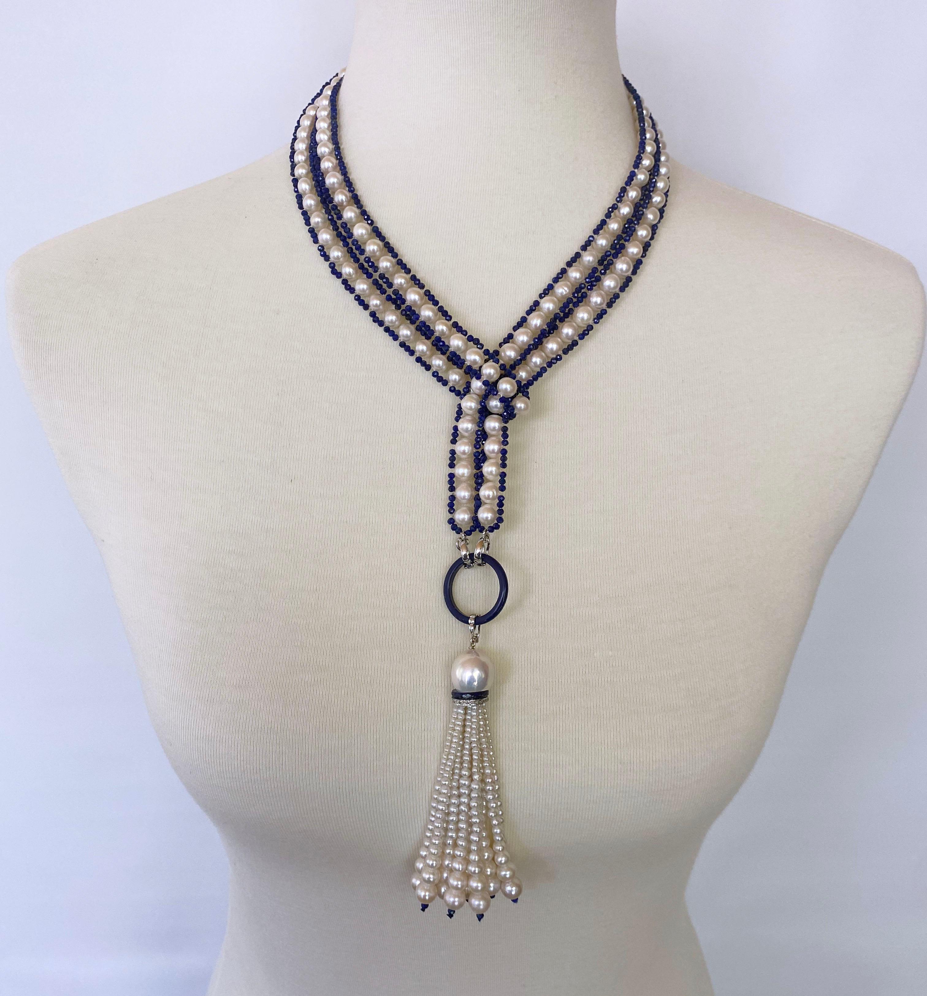 Marina J. Woven Pearl Sautior with Lapis Lazuli Beads and Graduated Pearl Tassel 3