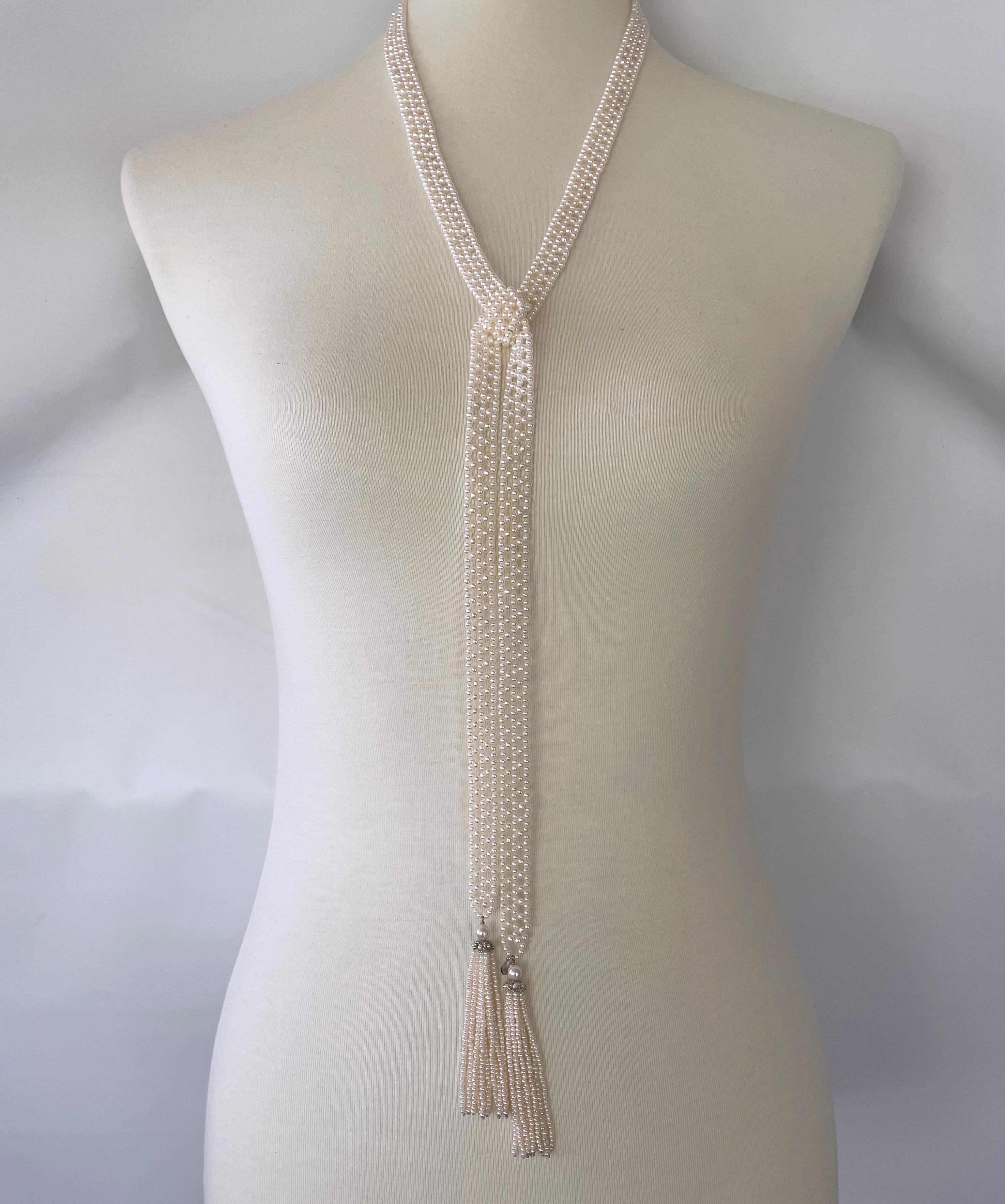 Marina J Woven Pearl Sautoir with 14 K White Gold Cup and Pearl Tassels & Brooch 7