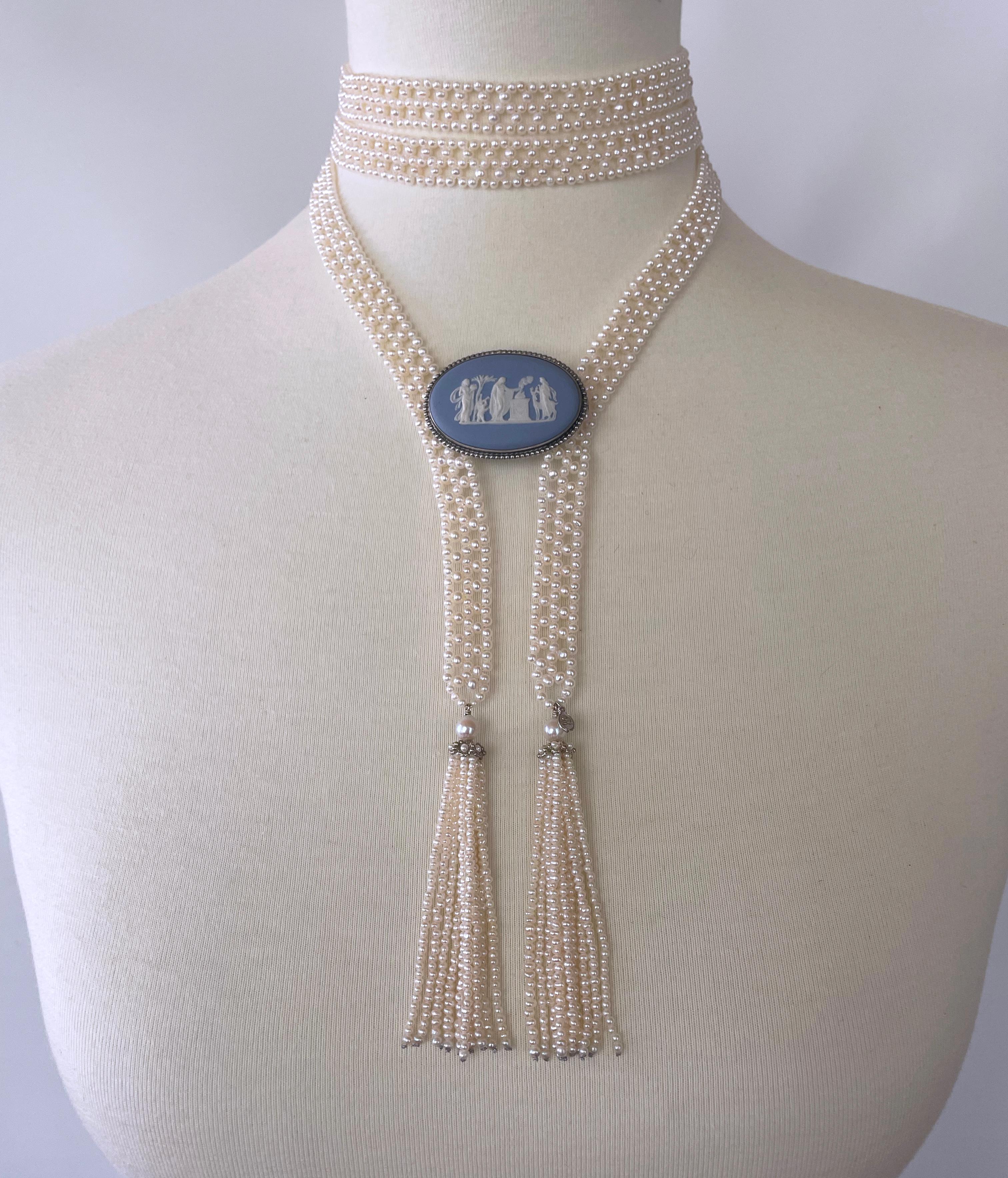 Marina J Woven Pearl Sautoir with 14 K White Gold Cup and Pearl Tassels & Brooch 2