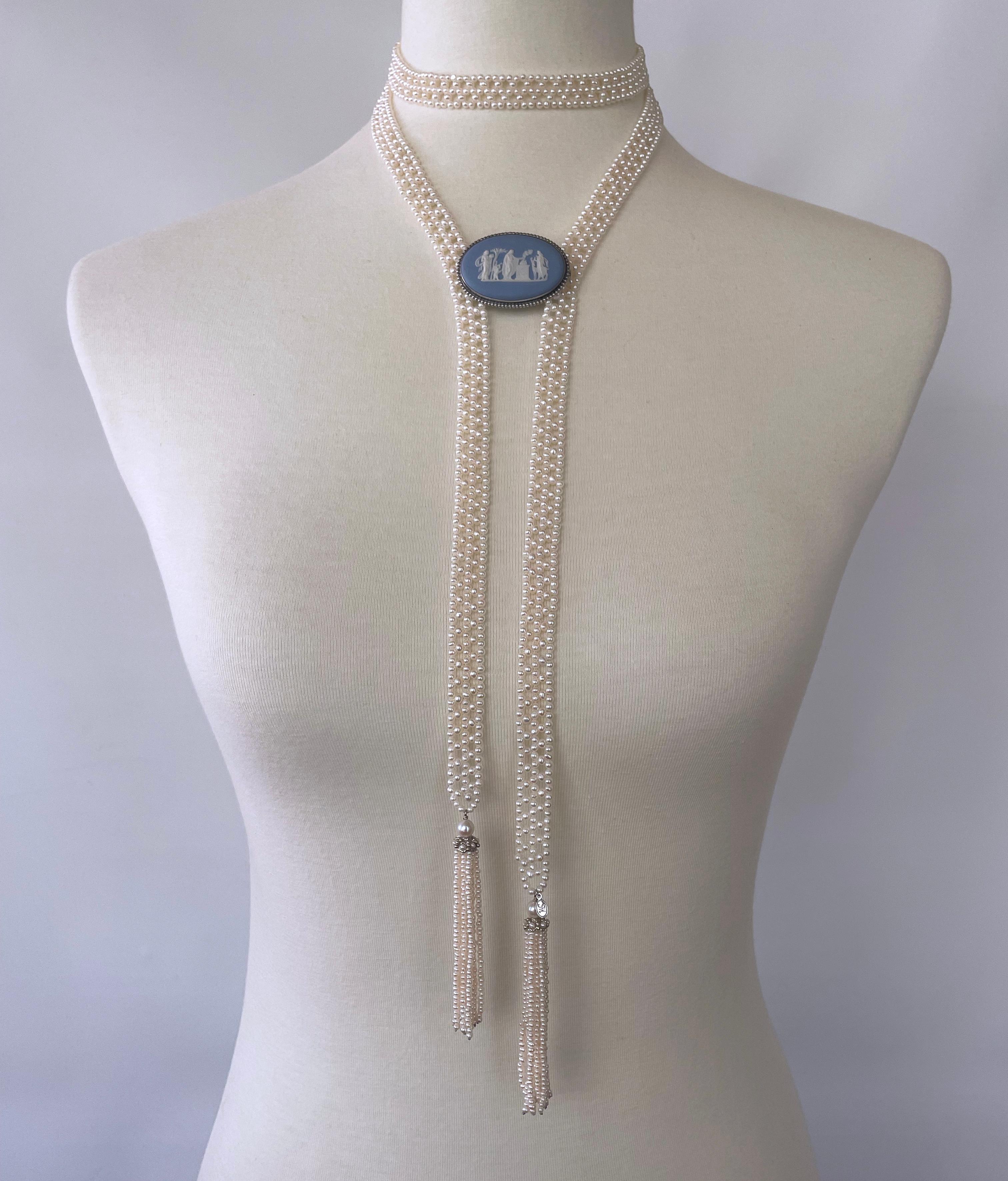 Marina J Woven Pearl Sautoir with 14 K White Gold Cup and Pearl Tassels & Brooch 1