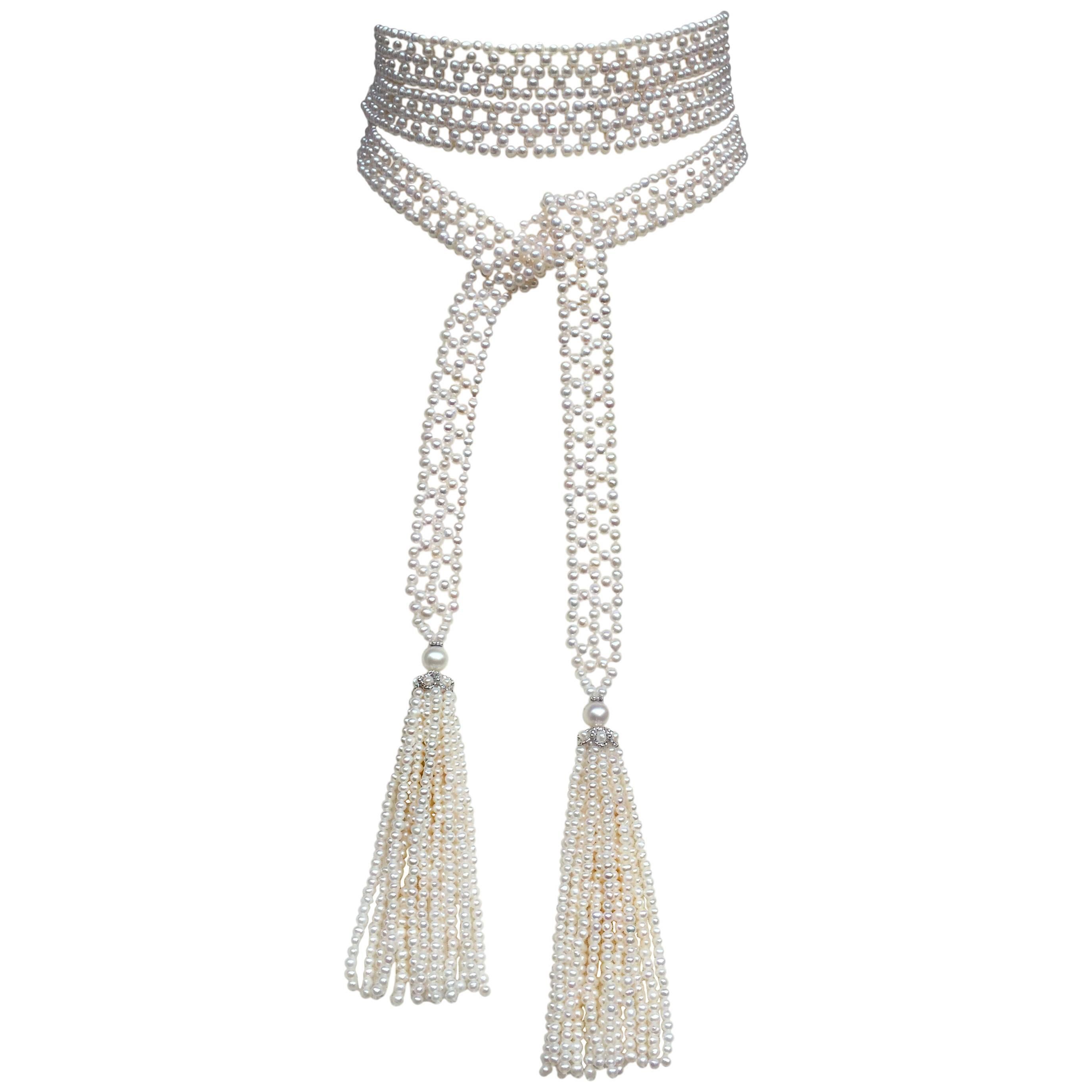 Bead Marina J Woven Pearl Sautoir with 14 K White Gold Cup and Pearl Tassels & Brooch