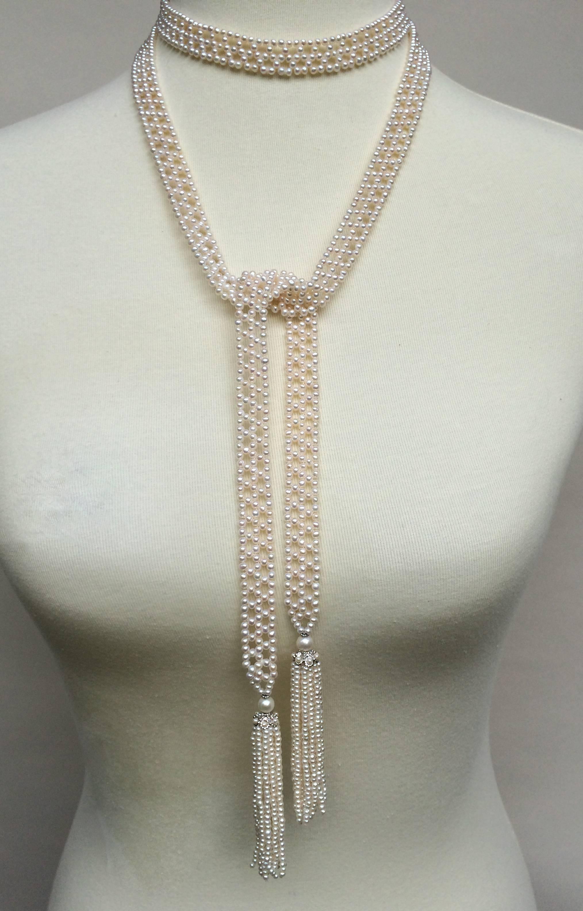 Artist Marina J Woven Pearl Sautoir with 14 K White Gold Cup and Pearl Tassels & Brooch