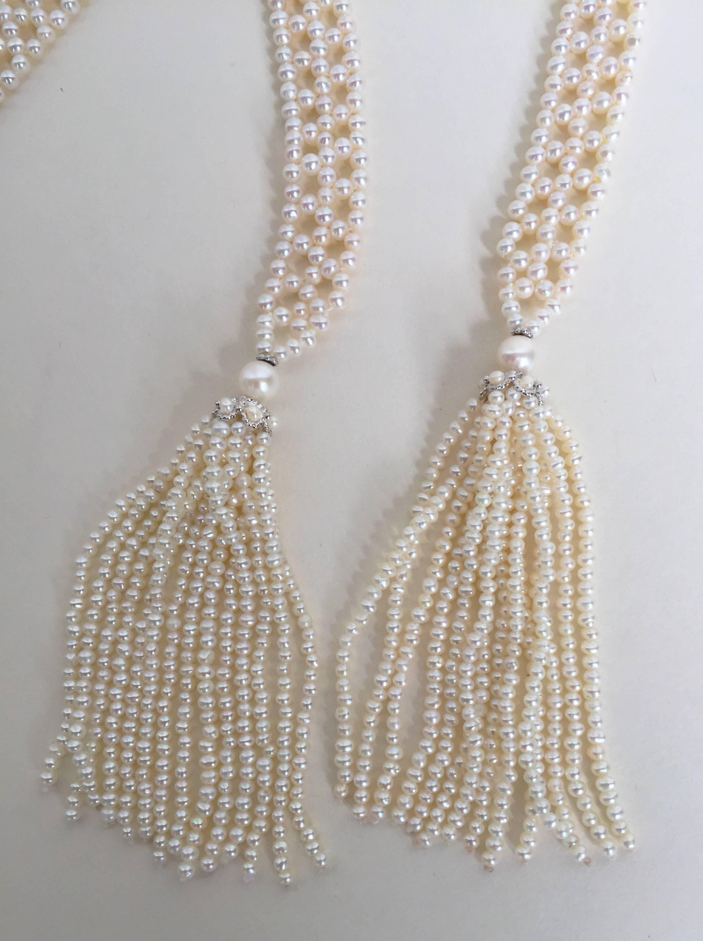 Women's Marina J Woven Pearl Sautoir with 14 K White Gold Cup and Pearl Tassels & Brooch