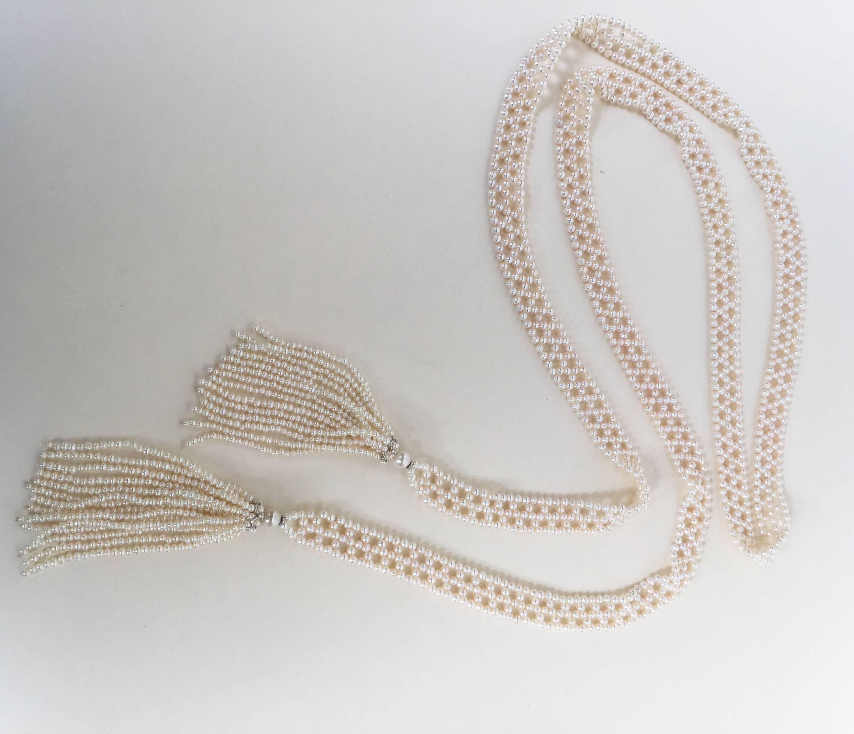 Marina J Woven Pearl Sautoir with 14 K White Gold Cup and Pearl Tassels & Brooch 4