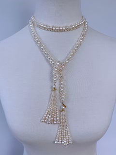 Marina J . Woven Pearl Sautoir with 14 k yellow Gold and Graduated pearl Tassels